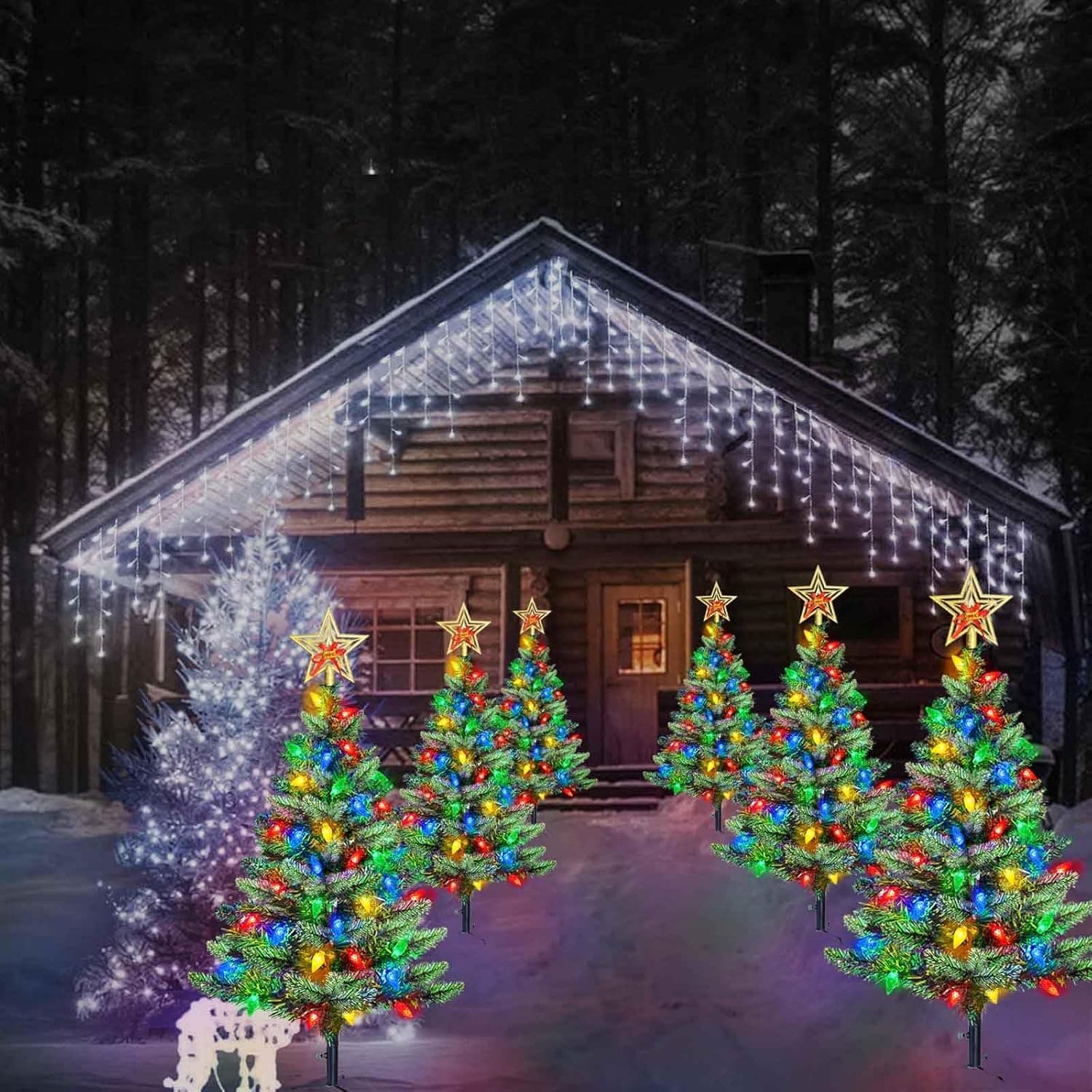 Upgraded Set of 2 Solar Christmas Tree, Outdoor Christmas Decorations,Prelit Xmas Tree w/ 100 LED Multi-color C6 String Lights for Outsdie Holiday Display Yard Front Porch Pathway Grave Cemetery Decor - Image 9