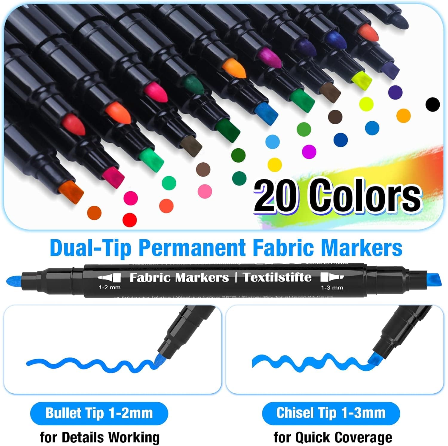 KERIFI Dual Tip Fabric Markers Permanent for Clothes, 20 Colors Fabric Decorating Paint Pens for Kids, T-Shirt Shoe Markers for Sneakers Clothing Canvas Textile Bibs Coloring Book (Chisel & Fine Tip) - Image 3