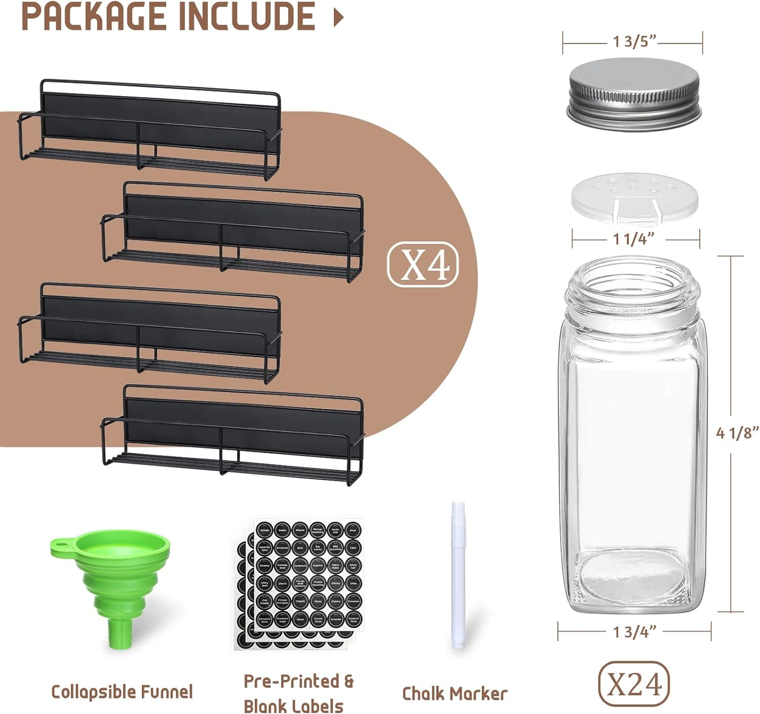 VITEVER Magnetic Spice Rack, 4 Pack, 24 Square Glass Jars with Lids, Quick-Find Pre-Printed Labels, Funnel, Space Saver, Refrigerator and Microwave Oven Organizer - Image 5