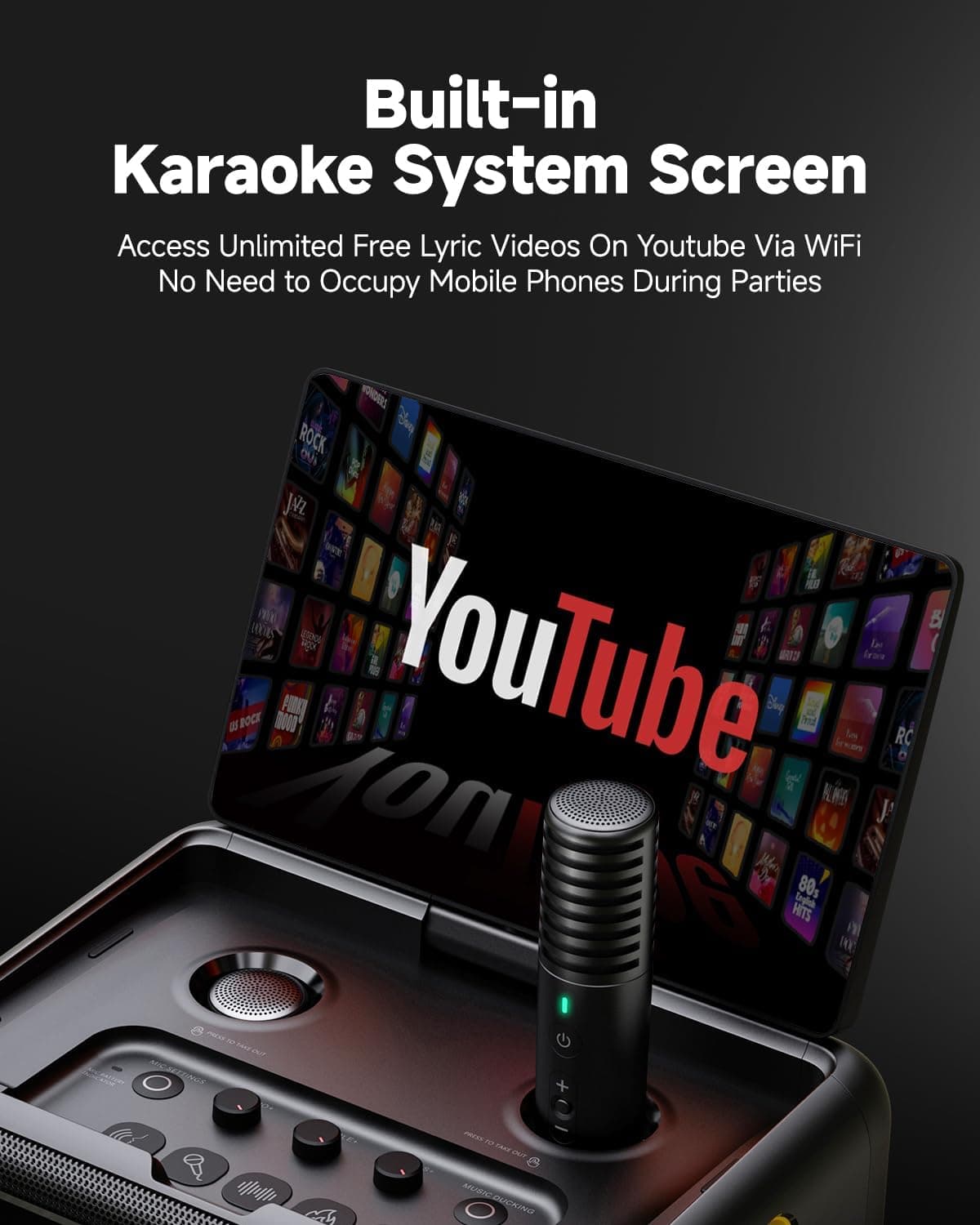 Ikarao Smart Karaoke Machine for Adults - with Lyrics Display, 32GB Karaoke Tablet, 2 Wireless Mics, Professional Karaoke System, 300W Peak Power, 4 DJ Lights, Karaoke Speaker for Any Occasion Break X2 with Wireless Microphones - Image 3