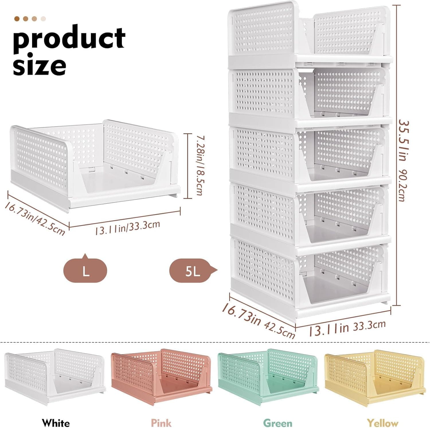 SNSLXH 5 Pack Stackable Closet Storage Basket, Multifunctional & Foldable Closet Organizer for Bathroom Kitchen Laundry Room Wardrobe Storage, Space-Saving Clothes Storage Drawer Organizer, White White 5 Pack - Image 3