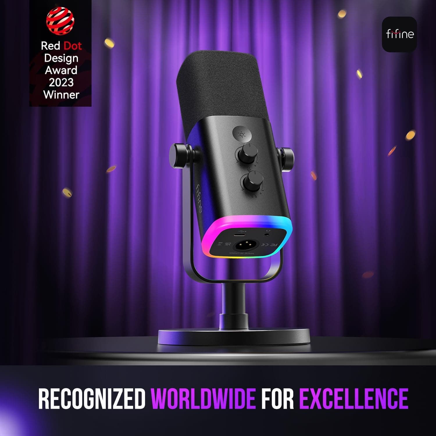 FIFINE USB/XLR Dynamic Microphone for Podcast Recording, PC Computer Gaming Streaming Mic with RGB Light, Mute Button, Headphones Jack, Desktop Stand, Vocal Mic for Singing YouTube-AmpliGame AM8 Black - Image 3