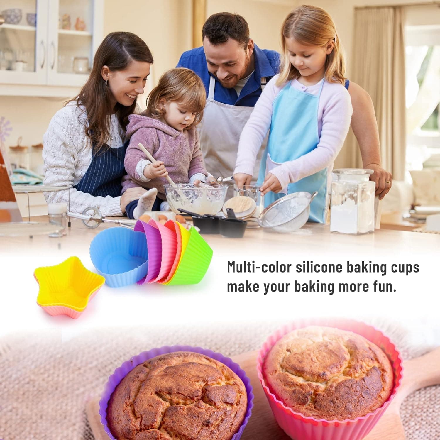 LetGoShop Silicone Cupcake Liners Reusable Baking Cups Nonstick Easy Clean Pastry Muffin Molds 4 Shapes Round, Stars, Heart, Flowers, 24 Pieces Colorful Multicolor - Image 3