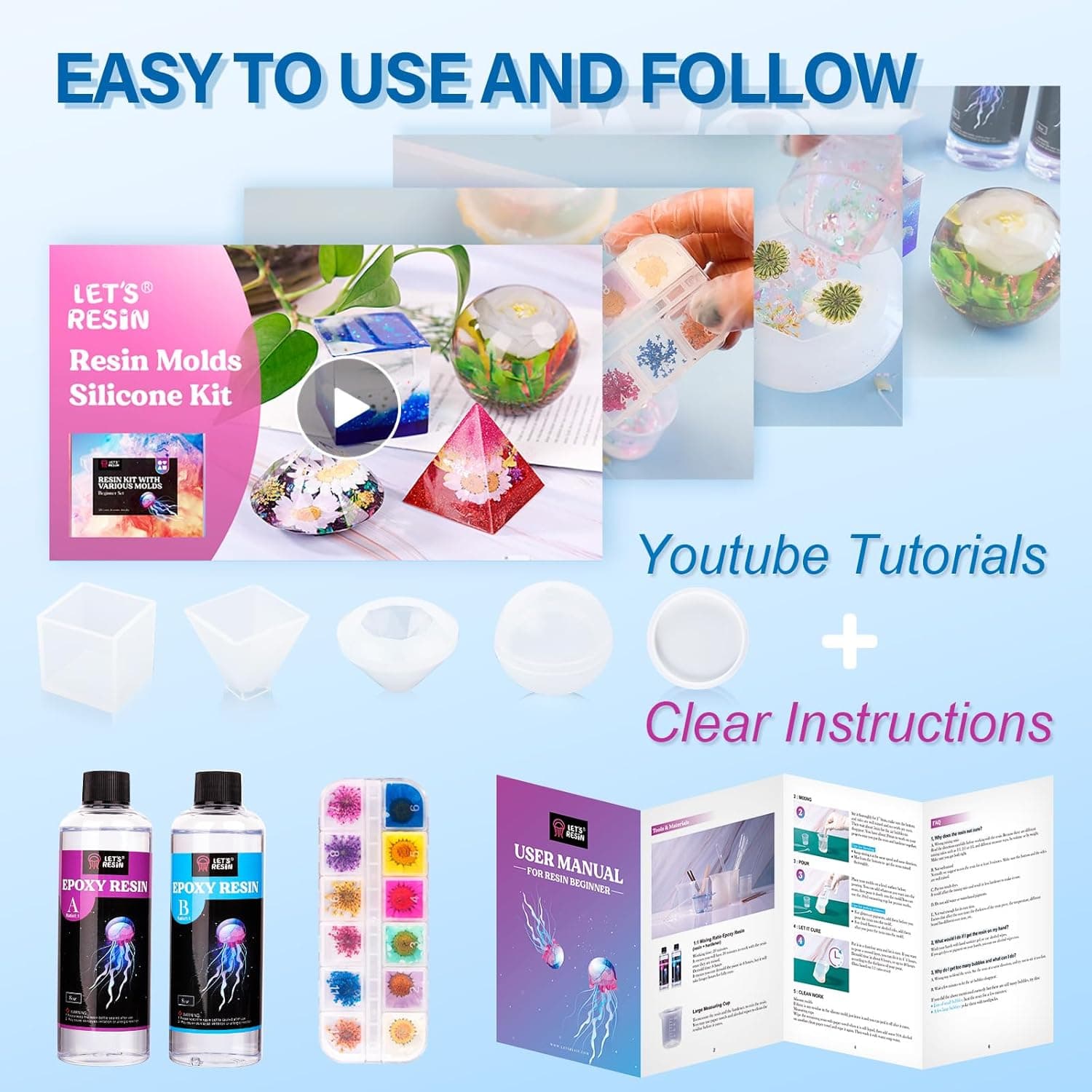 LET'S RESIN Epoxy Resin Kits and Molds Complete Set, 16oz Resin Art Kit with Silicone Molds, Pigment, Dried Flowers, Crafts for Adults, Beginners, Art Supplies for DIY Lovers, DIY Gift for Women - Image 6