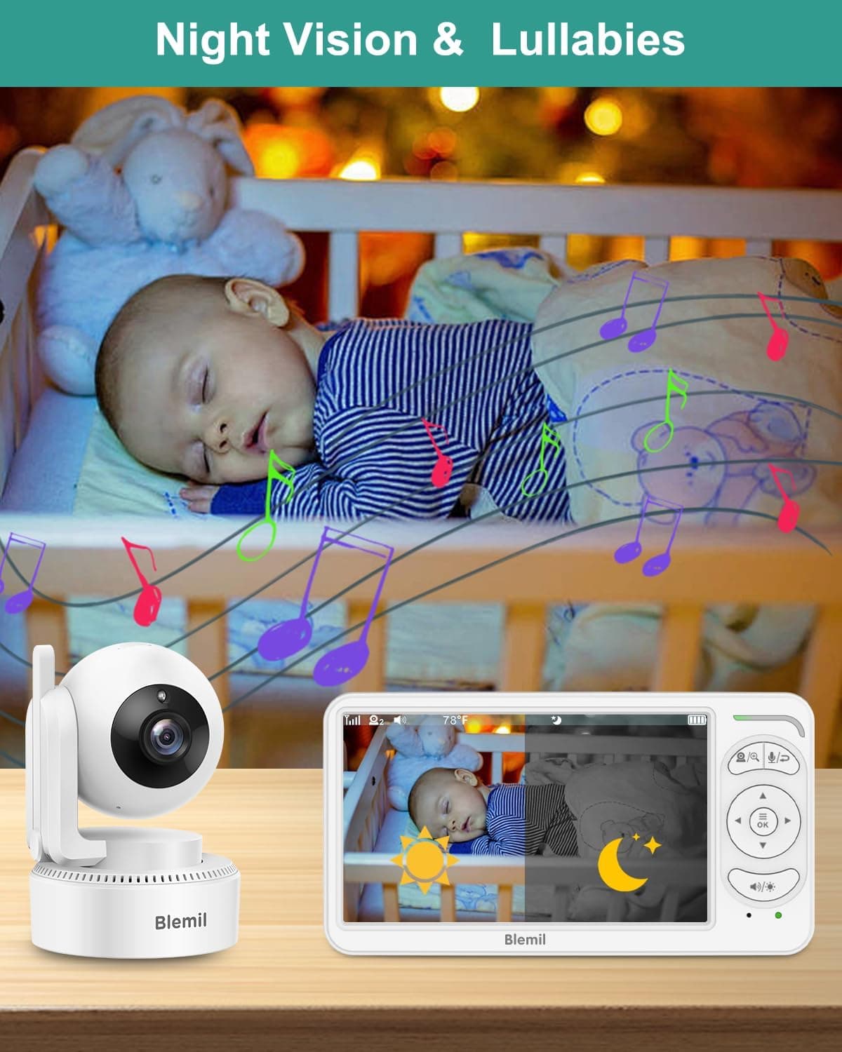 Blemil 6" Baby Monitor with 2 Cameras 4000mAh Battery Upgrade Split Screen Video Baby Monitor No WiFi Remote Pan-Tilt-Zoom Auto-Night Vision 150 Languages ECO Mode 2-Way Talk 1000FT (Ideal Condition) BL9064-2 - Image 8