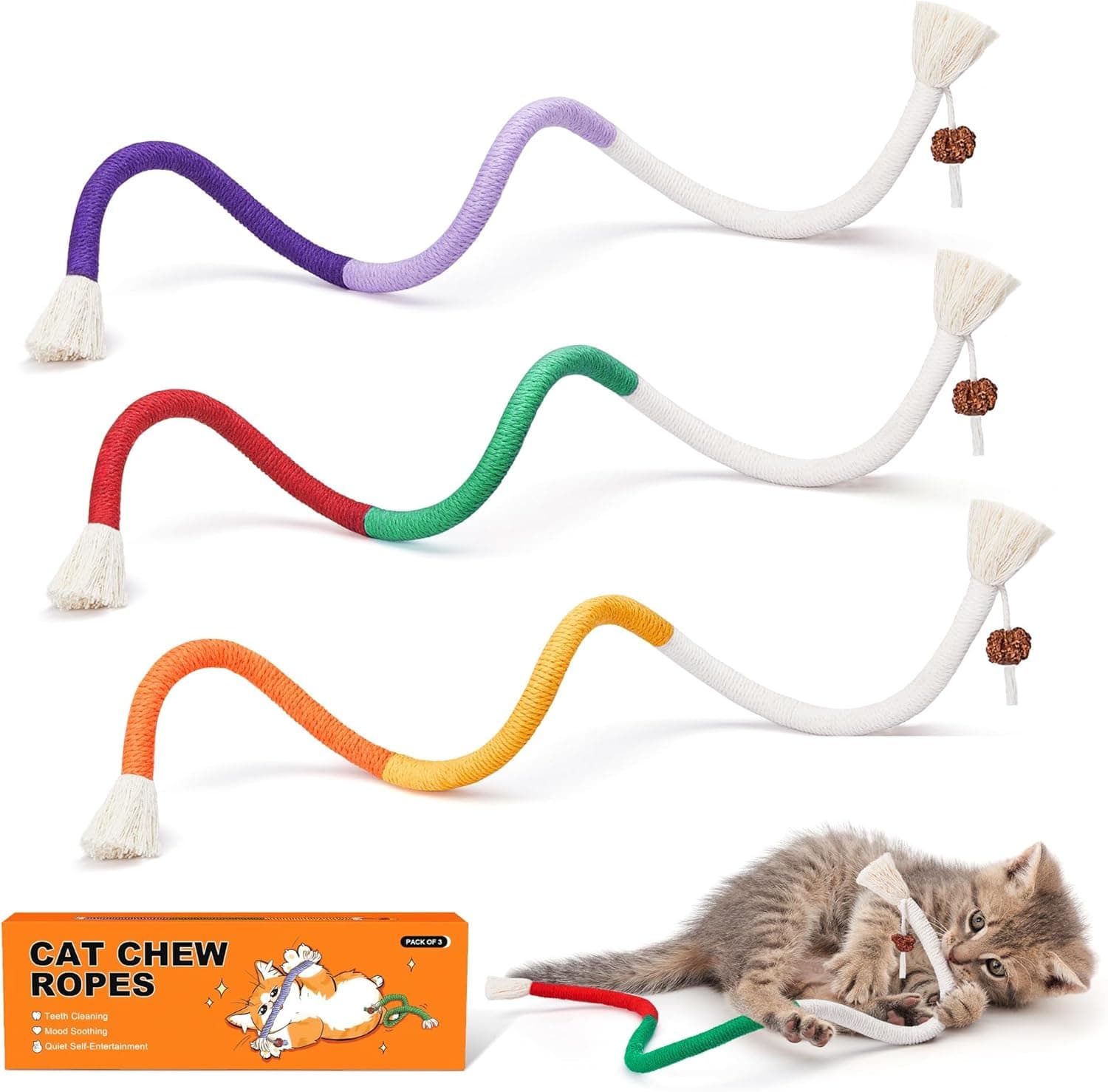 Potaroma Juguetes para Gatos Cuerdas para Masticar 3Pcs con Hierba Gatera Natural Recargable, Juguete Seguro para Limpiar Dientes para Gatitos de Interior, Juguetes Interactivos de Hierba Gatera para Todas las Razas 19.5 Pulgadas - Image 2