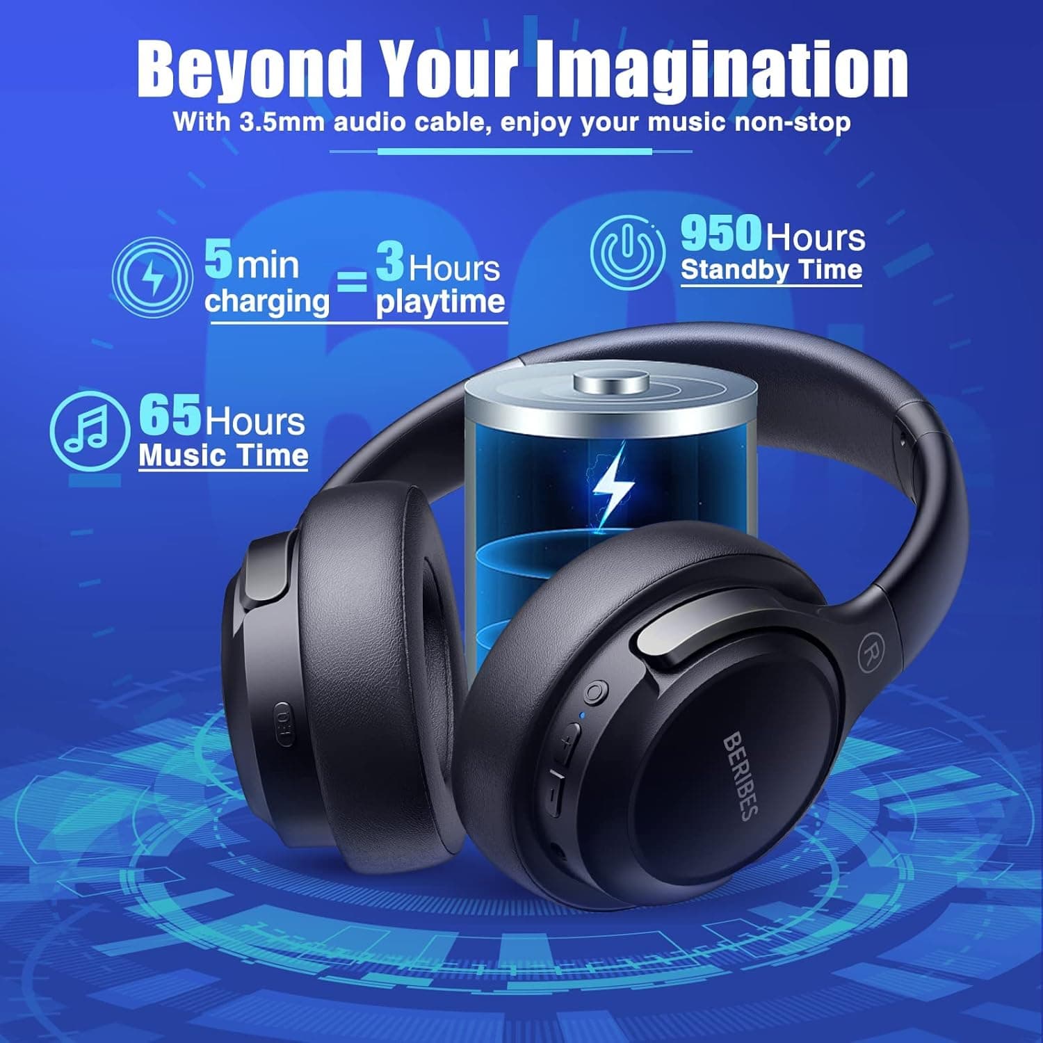 BERIBES Bluetooth Headphones Over Ear, 65H Playtime and 6 EQ Music Modes Wireless Headphones with Microphone, HiFi Stereo Foldable Lightweight Headset, Deep Bass for Home Office Cellphone PC Ect. Black - Image 4