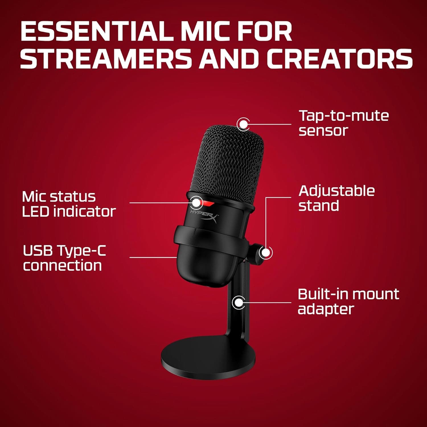 HyperX SoloCast – USB Condenser Gaming Microphone, for PC, PS4, PS5 and Mac, Tap-to-Mute Sensor, Cardioid Polar Pattern, great for Streaming, Podcasts, Twitch, YouTube, Discord,Black Black SoloCast Microphone - Image 8
