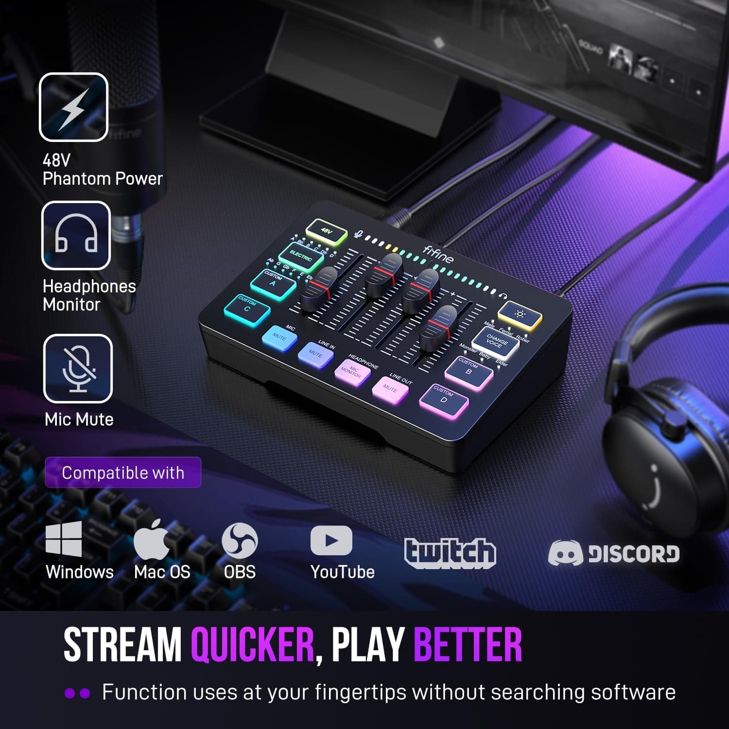 FIFINE Gaming Audio Mixer, Streaming RGB PC Mixer with XLR Microphone Interface, Individual Control, Volume Fader, Mute Button, 48V Phantom Power, for Podcast/Recording/Vocal/Game Voice-AmpliGame SC3 Black - Image 8