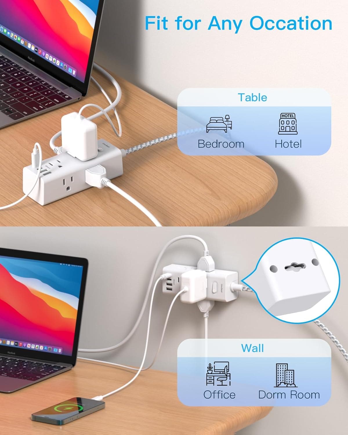 Power Strip Surge Protector - One Beat 6 Widely Outlets with 4 USB Ports (2 USB C), 5 Ft Extension Cord Flat Plug, Wall Mount Outlet Extender Small Power Strip for Travel Home Office College Dorm Room 5FT Right Angle Plug - Image 7