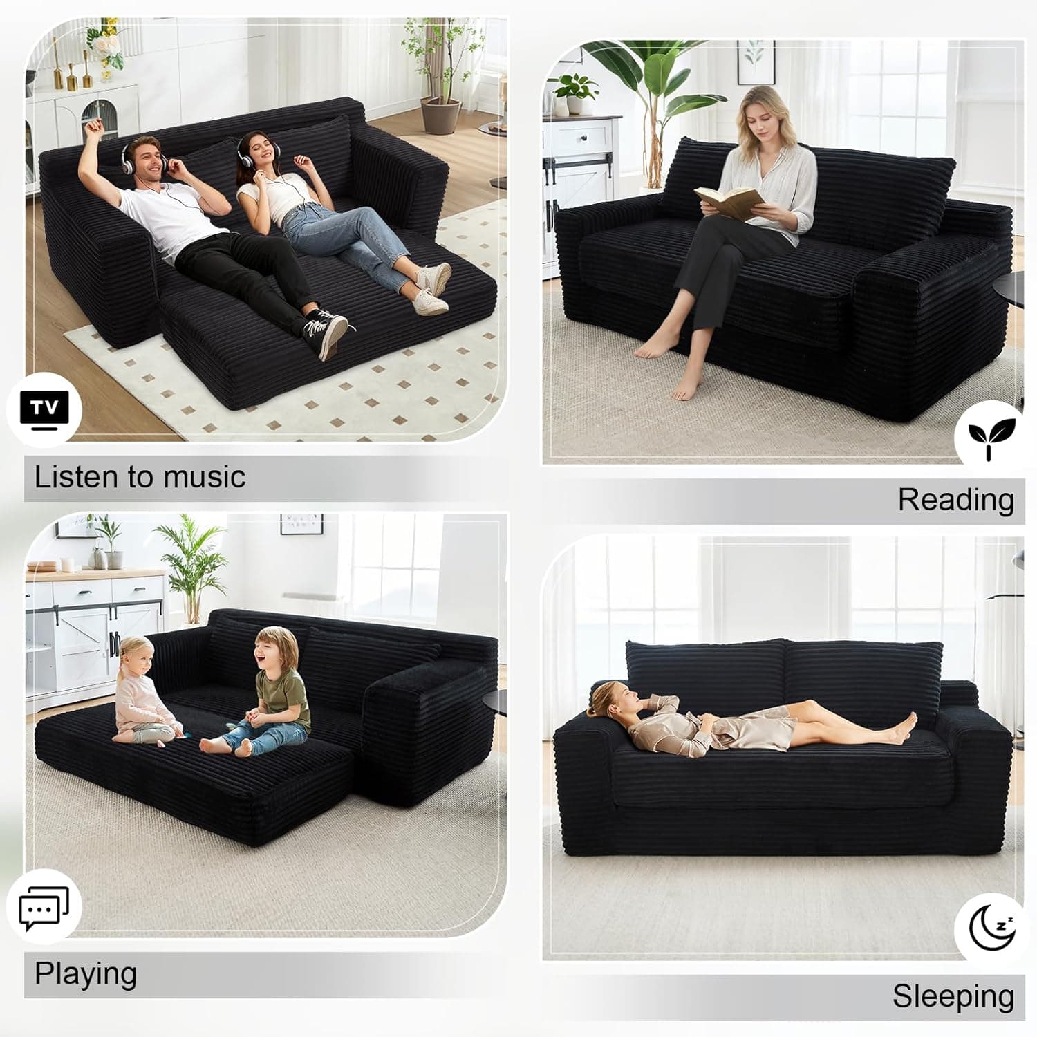 GNIXUU 71" Corduroy Cloud Loveseat Sofa, 2 in 1 Convertible Black Boneless Sleeper Sofa with Fixed-Shape Frame, Comfy Folding Love Seat Couches for Living Room, Apartment, Small Spaces - Image 6