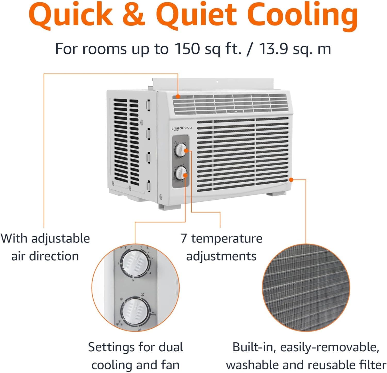 Amazon Basics 5000-BTU Small Window Air Conditioner, Up to 150 Sqf, Window AC Units with Cool and Fan Functions, Washable Filter, Adjustable Window Kit, Intuitive Mechanical Controls, White White 5000 BTU - Image 2
