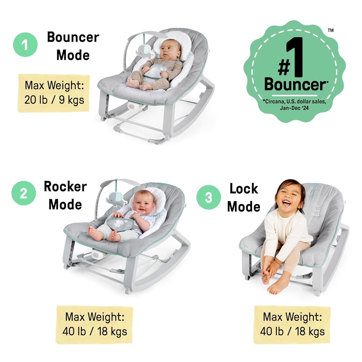 Ingenuity Keep Cozy 3-in-1 Grow with Me Vibrating Baby Bouncer, Seat & Infant to Toddler Rocker, Vibrations & -Toy Bar, 0-30 Months Up to 40 lbs (Weaver) - Image 4