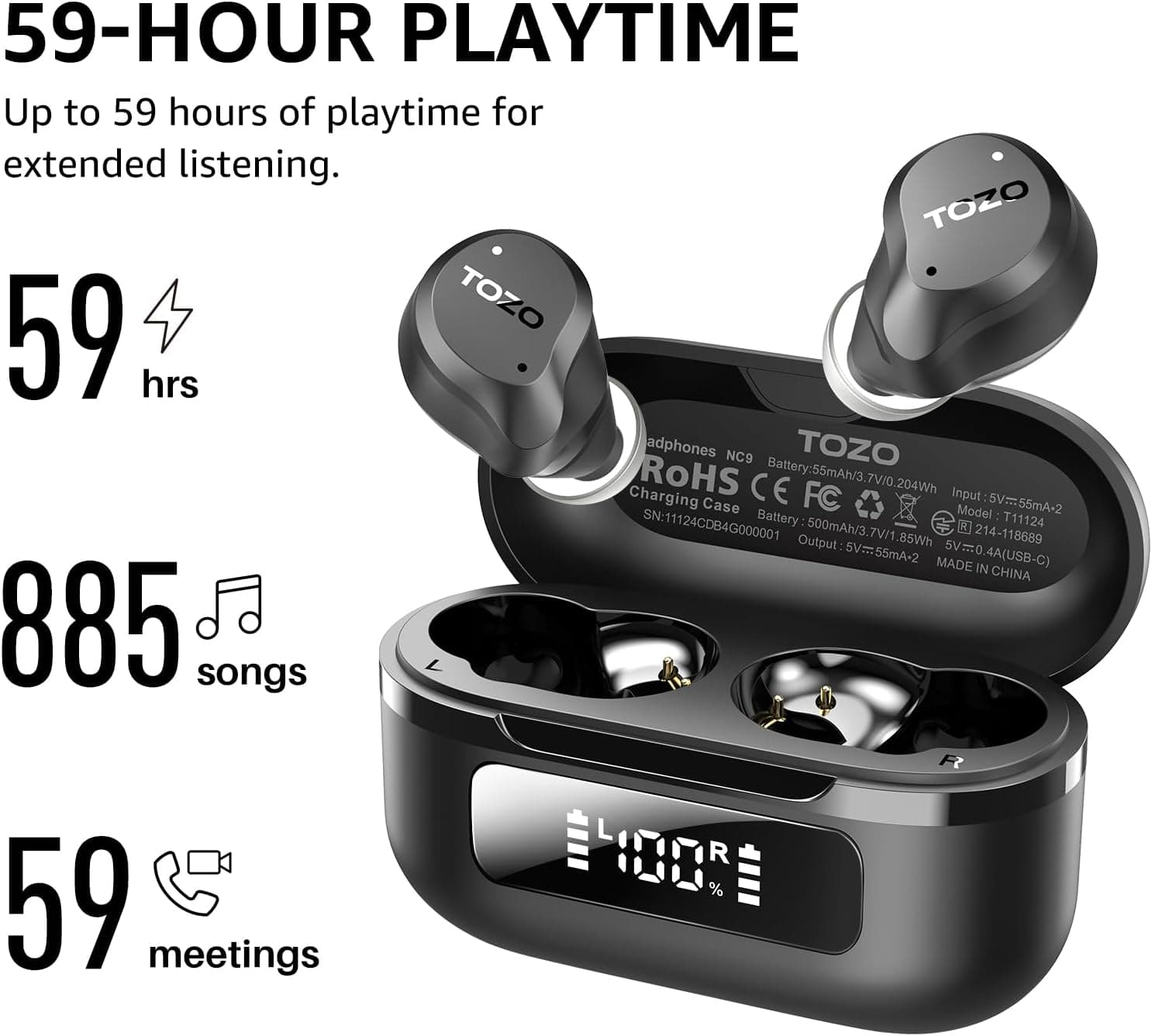 TOZO NC9 Hybrid Active Noise Cancelling Wireless Earbuds, 6 Mics ENC Clear Call, IPX8 Waterproof, in Ear Bluetooth 5.3 Headphones Stereo Bass Ear Buds 59H Playtime with LED Display 32 EQs via APP Dark Black - Image 4