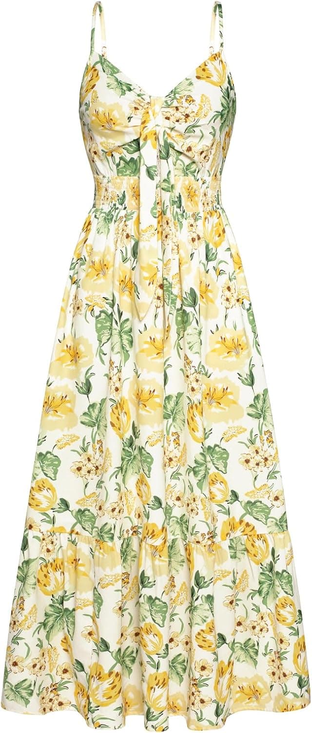 GRACE KARIN Women's 2025 Summer Maxi Dress Floral Tie Front Spaghetti Strap Casual Boho Beach Flowy Sundress with Pockets Large White Yellow Flowers - Image 2