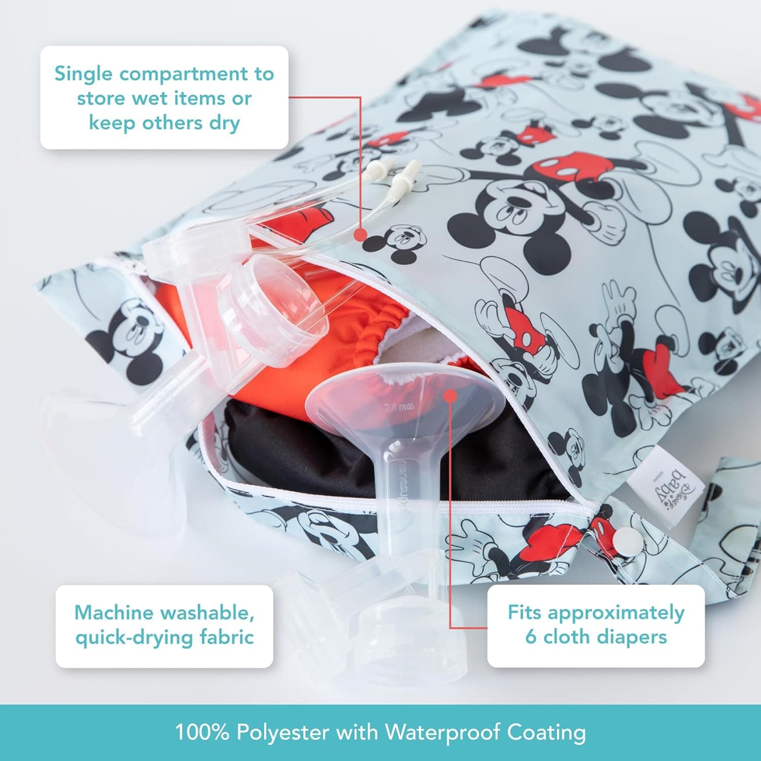 Bumkins Disney Waterproof Wet Bag for Baby, Travel, Swim Suit, Cloth Diapers, Pump Parts, Pool, Gym Clothes, Toiletry, Strap to Stroller, Daycare, Zipper Reusable Bag, Packing Pouch, Mickey Mouse Wet Bag A2 Mickey Mouse - Image 4