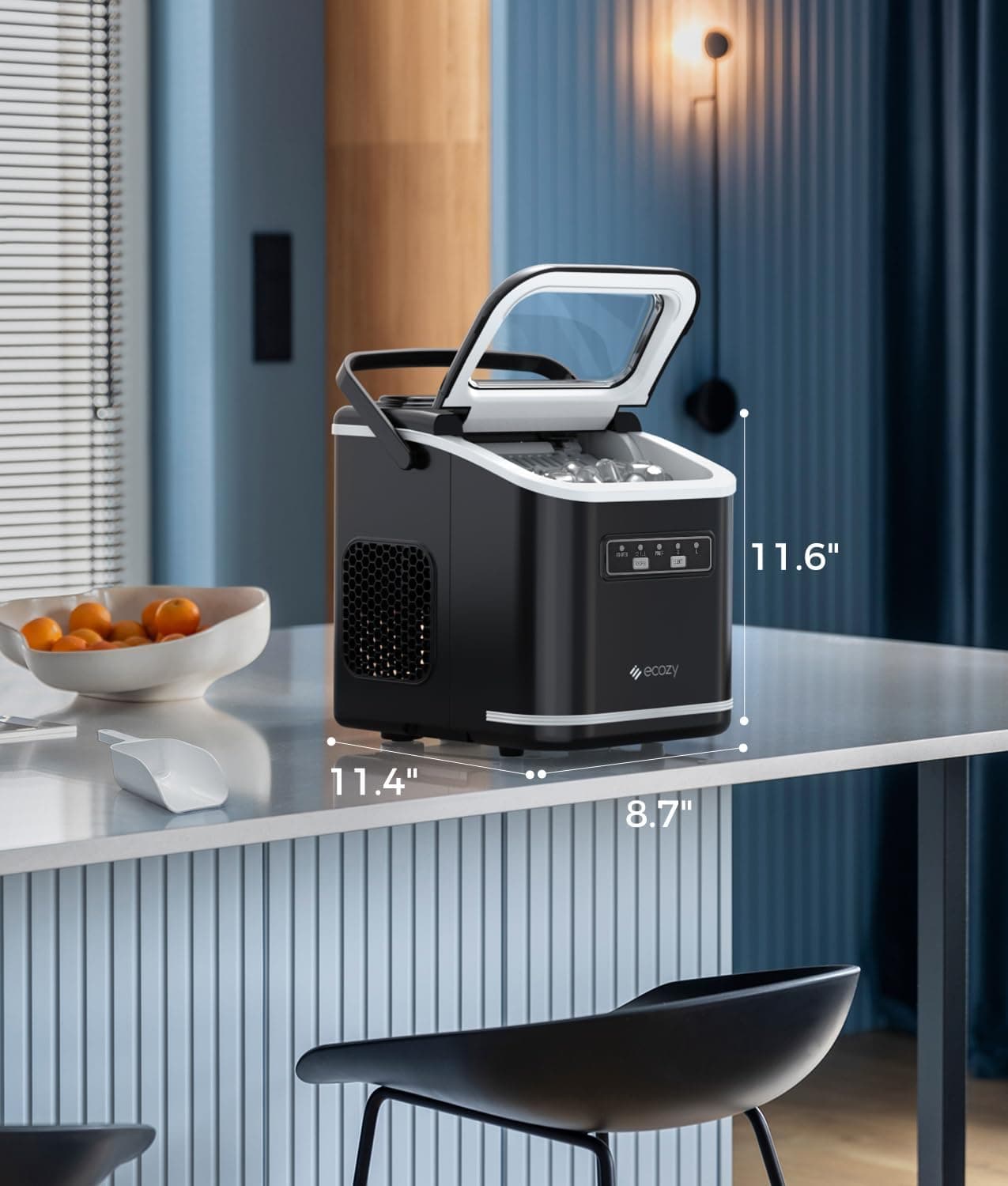 Ecozy 台面冰块机，便携式，自清洁，6分钟制成9个子弹冰块，24小时产冰26磅，带冰袋、手柄、立式铲和篮子，黑色，IM-BS261C 煤灰色 - Image 6