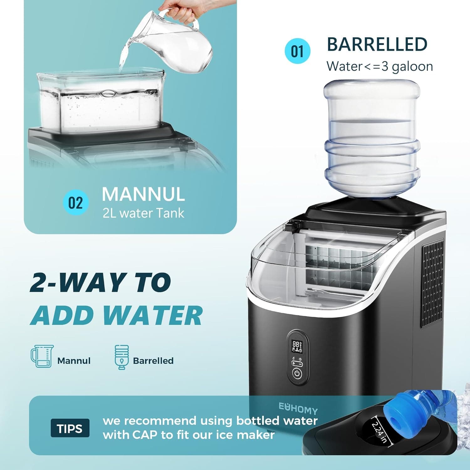 EUHOMY Ice Cube Maker Machine Countertop with External Water Tank, 2 Ways to Add Water, 34Lbs/Day, 16Pcs Ready in 7 Mins, Auto-Cleaning, with Ice Scoop & Basket, for Home/Kitchen/Office/Bar (Black) 34lbs Black - Image 3
