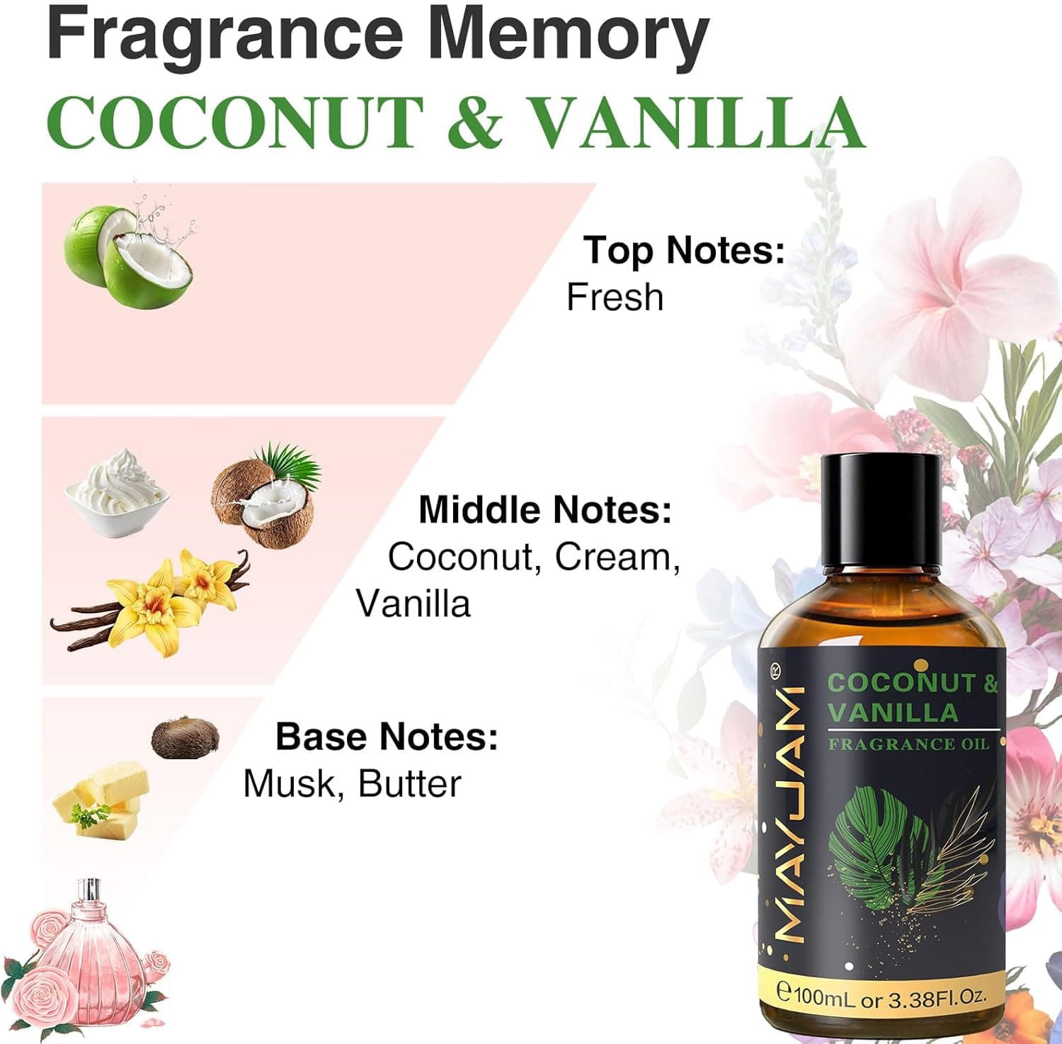 MAYJAM 100ML/3.38FL.OZ Coconut & Vanilla Fragrance Oils with Glass Dropper, Essential Oils for Diffusers for Home, Long Lasting Scented Oils for Diffusers Soap Candle Making Coconut & Vanilla 3.38 Fl Oz (Pack of 1) - Image 4