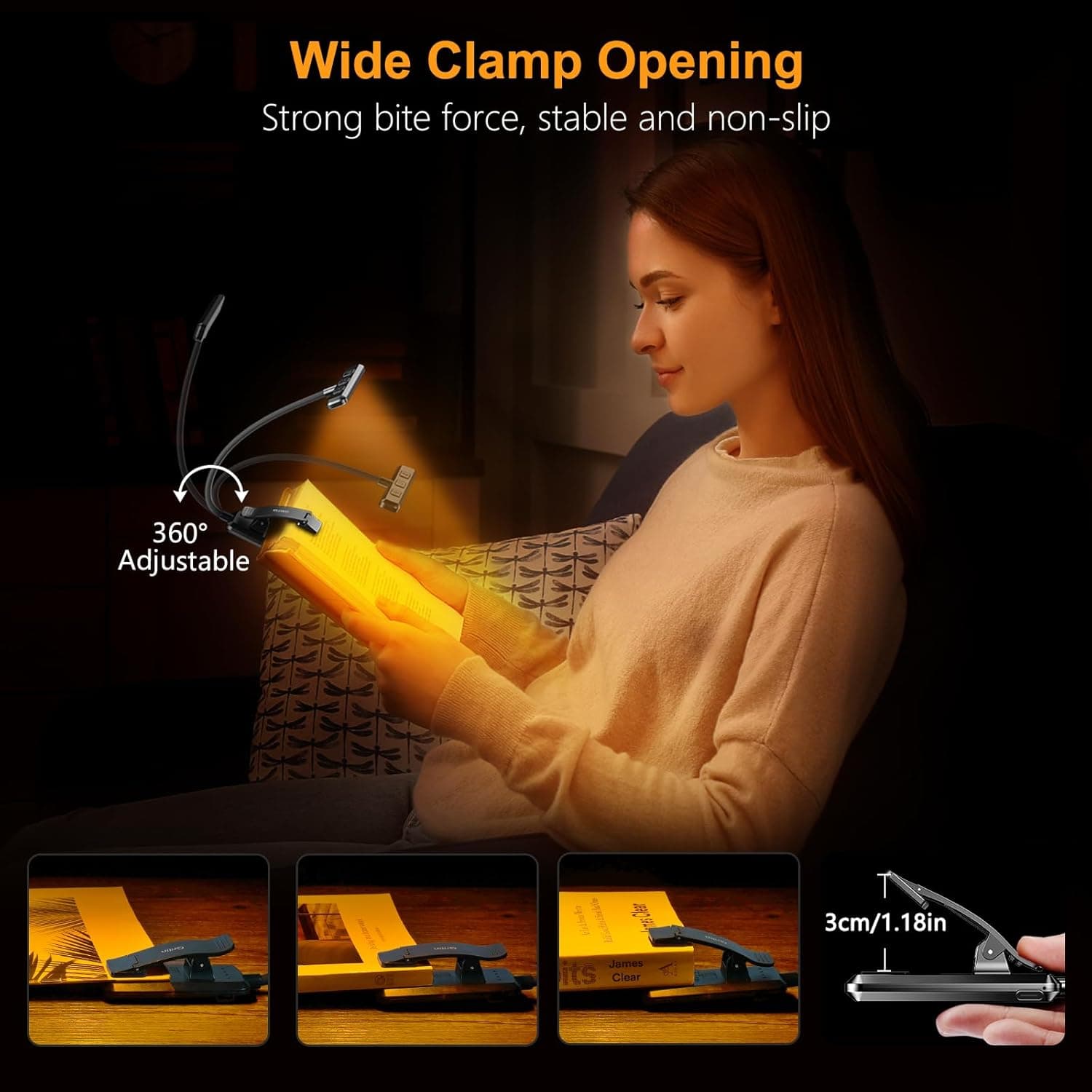 Gritin 19 LED Rechargeable Book Light for Reading in Bed with Memory Function- Eye Caring 3 Color Temperatures,Stepless Dimming Brightness,80 Hrs Runtime Lightweight Clip on Light for Book Lovers Black - Image 8