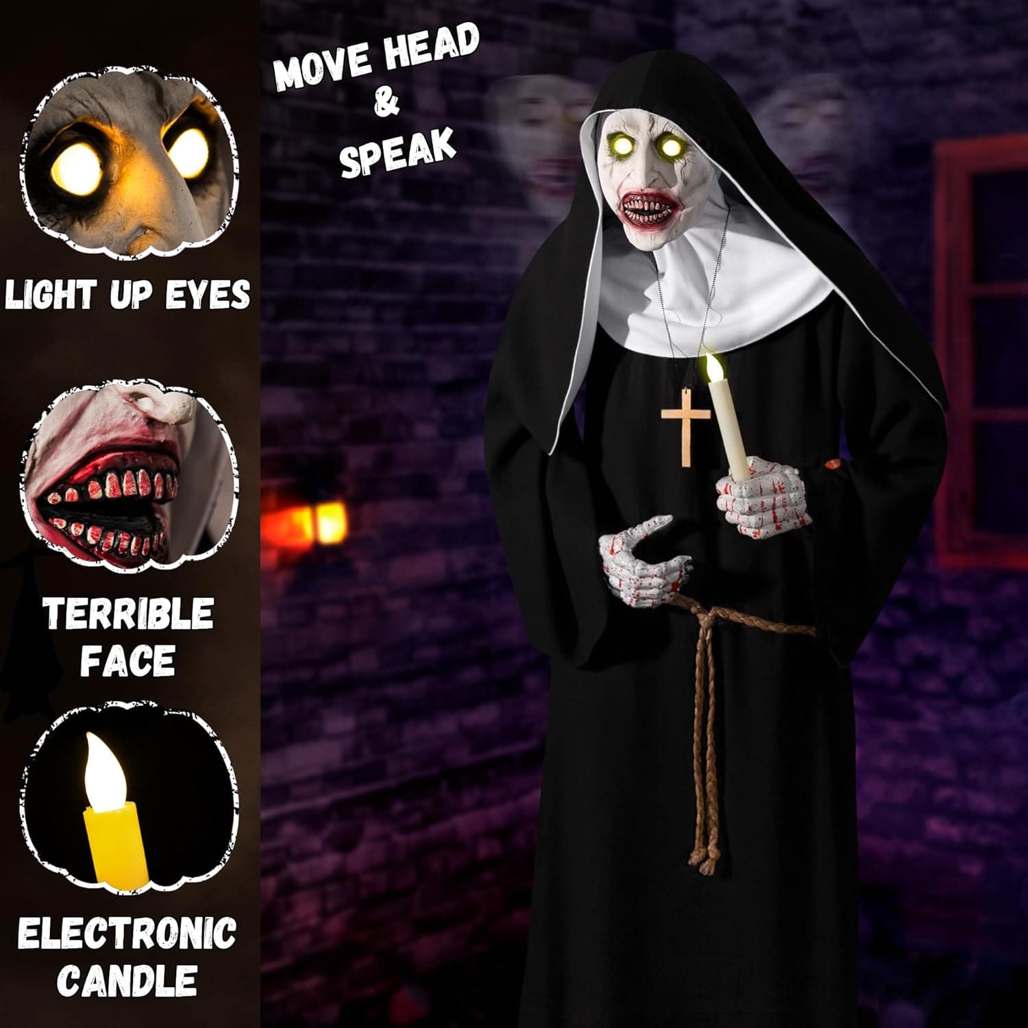 Halloween Animatronics 6ft Nun Animated 72inch Sister Decoration with Motion Sensor Activated, Creepy Sound, Scary Move, Light Up Eyes, Haunted House Spooky Decor Horror Prop for Indoor, Outdoor, Yard - Image 3