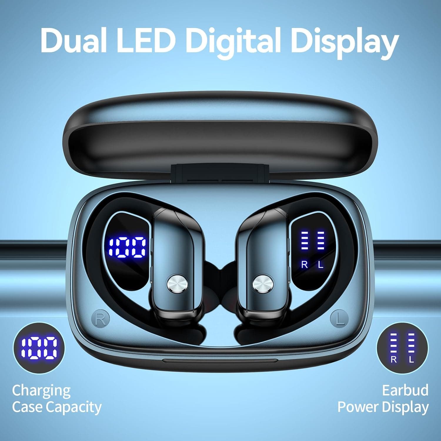 bmani Ear Buds Wireless Earbuds Bluetooth Headphones with 80H Playtime LED Display Case, Over-Ear Hook with Mic, Stereo Sound, Easy Button Controls, Sports Earphones for Running Workout Gym Black - Image 4