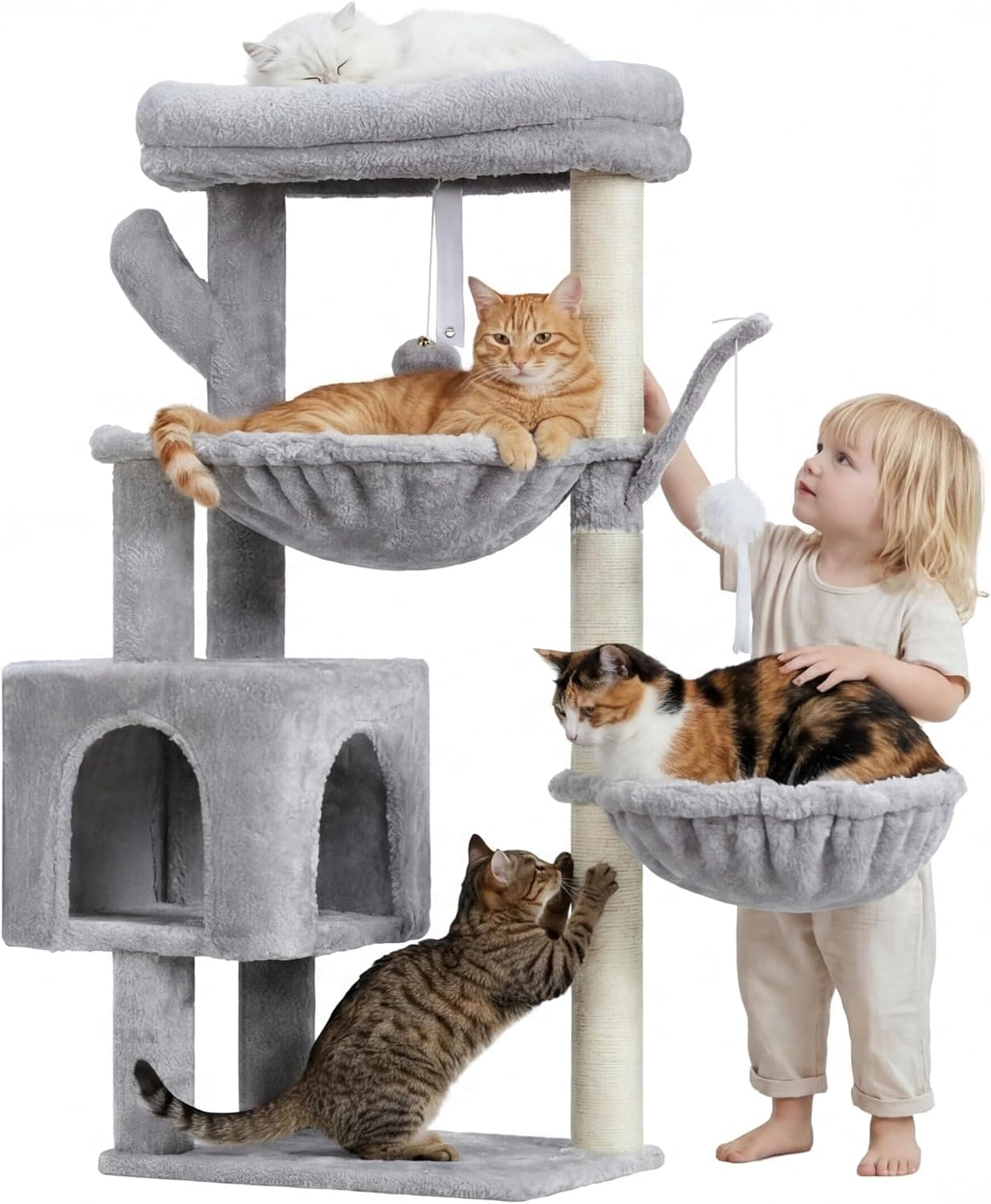 Árbol para Gatos Heybly, Torre de 39.4 Pulgadas con Poste Rascador, Torre para Gatos de Interior, Poste Envuelto en Sisal, Plataforma Suave, 2 Cestas y Juguete Colgante, Gris Claro HCT006SW 39.4 pulgadas Gris Claro - Image 2