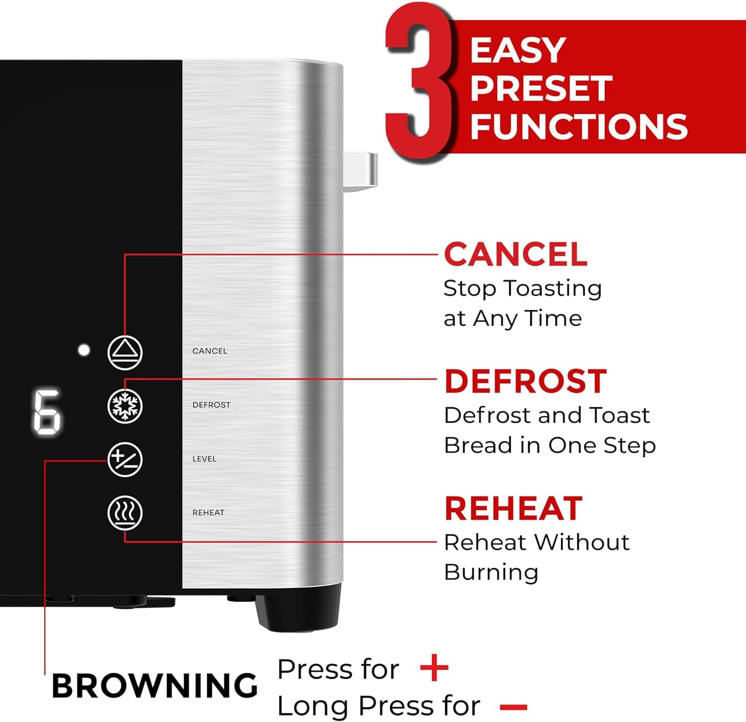 Mueller UltraToast Full Stainless Steel Toaster 4 Slice, Long Extra-Wide Slots for Bagels and Waffles, 6 Browning Levels, LED Display, Cancel/Defrost/Reheat Functions & Removable Tray, Kitchen Gadgets - Image 5