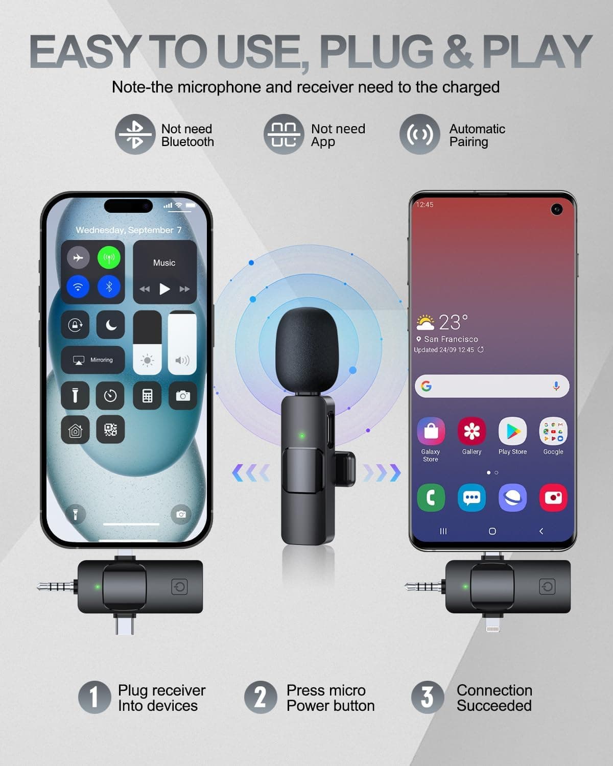 PQRQP 3 in 1 Professional Wireless Lavalier Microphone for iPhone, Android, Camera, Wireless Microphones, Mini Microphone, Crystal Clear Sound Quality for Recording, Live Streaming, Microphone Clips Elegant Black - Image 2