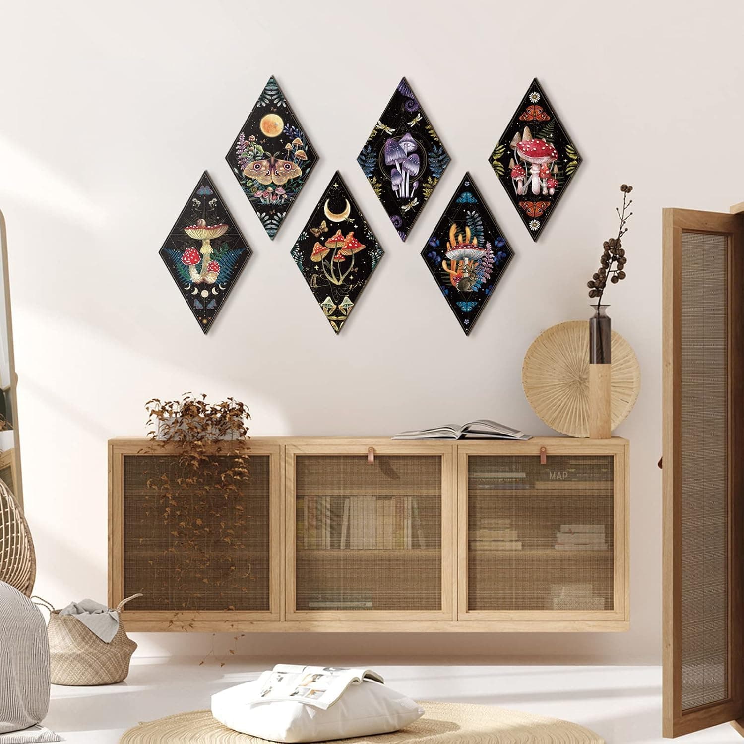 Sintuff 6 Pieces Christmas Gothic Wall Decor Boho Sun Moon Phases Wall Art Gothic Minimalist Stars Sun Hanging Wooden Home Decor Farmhouse Pediments for Gallery Living Bedroom Room(Mushroom) - Image 7