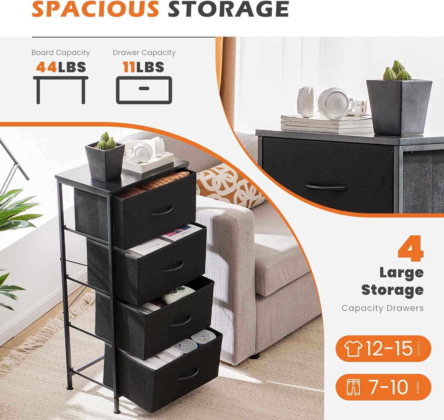 Sweetcrispy Nightstand Small Bedroom Dresser with 4 Fabric Drawers, Bed Side Furniture End Table, Wooden Top Cabinet Night Stand Dresser for Closet, Entryway, Dorm, Black Black 17.7"D x 11.8"W x 37"H (4 Drawers) - Image 5