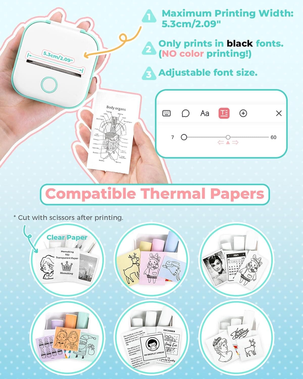 Memoking Mini Printer - T02 Sticker Printer Print Pods Portable Thermal Inkless Sticker Maker Bluetooth Pocket Impresora Portátil Instant Print for School Office Home for Study Note,Journal,DIY,Gift Green 1 Printer + 3 Rolls Paper - Image 8