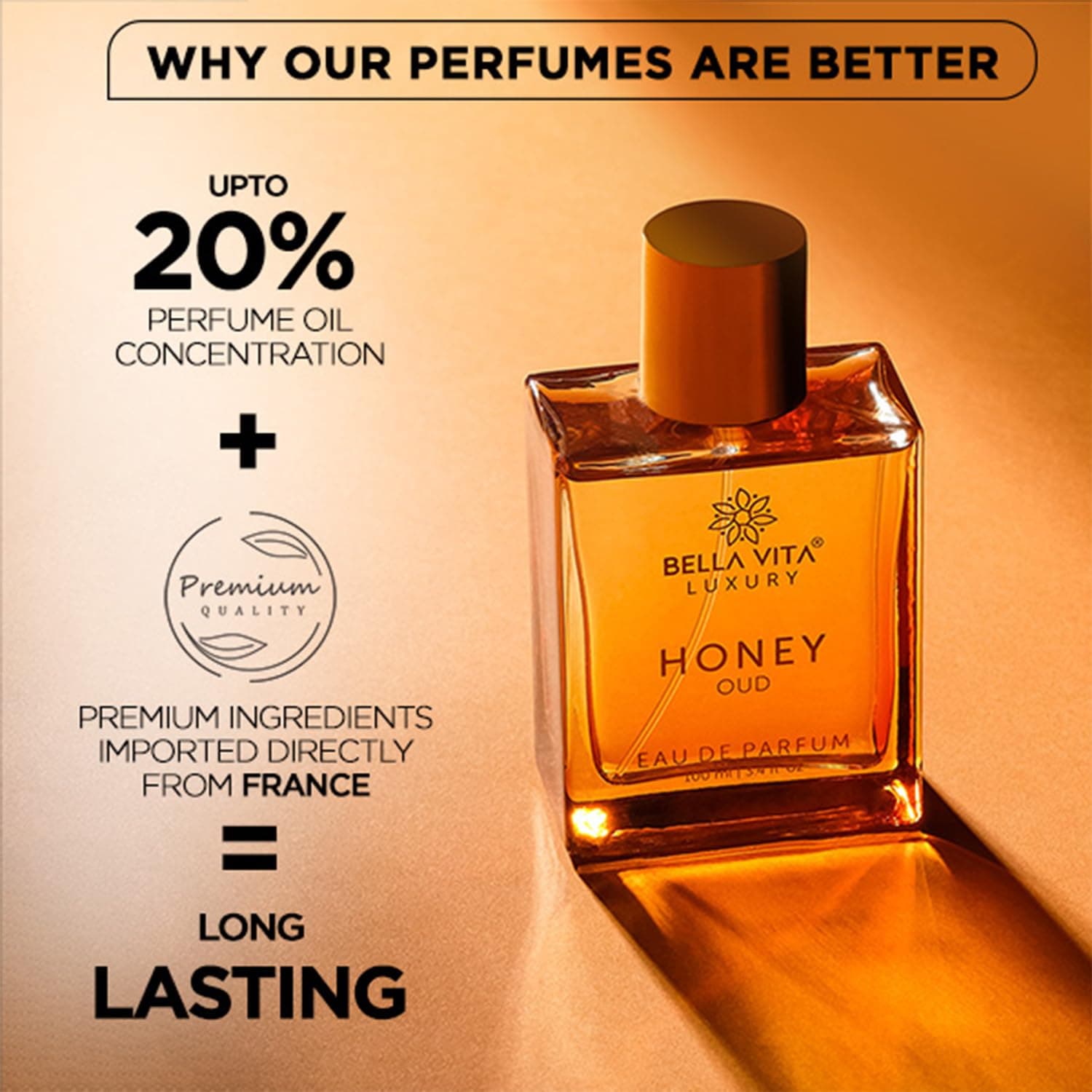 BellaVita Luxury Honey Oud Eau de Parfum (3.4 fl. oz.) | Patchouli, Vanilla, Bergamot, Floral & Spicy + Made with Clean & Vegan Essentials Oils + Cruelty Free | Long-Lasting Unisex Fragrance - Image 4