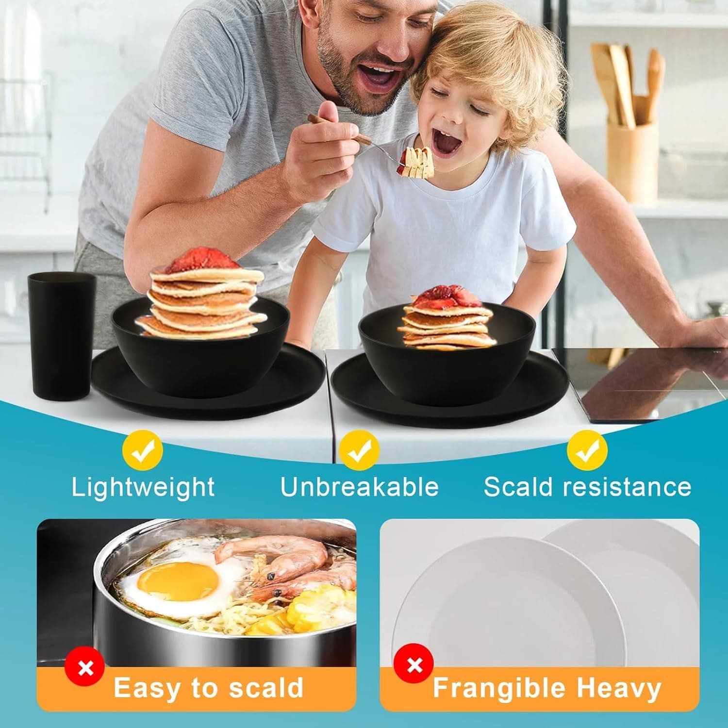 24pcs Dinnerware Sets,Plates and Bowls Sets,Dishes Set for 8,Unbreakable Modern Dish Sets,Reusable Dinning Set,Dishware Sets for Kitchen,Party or Picnic, Dishwasher Safe,Black,BPA free - Image 7