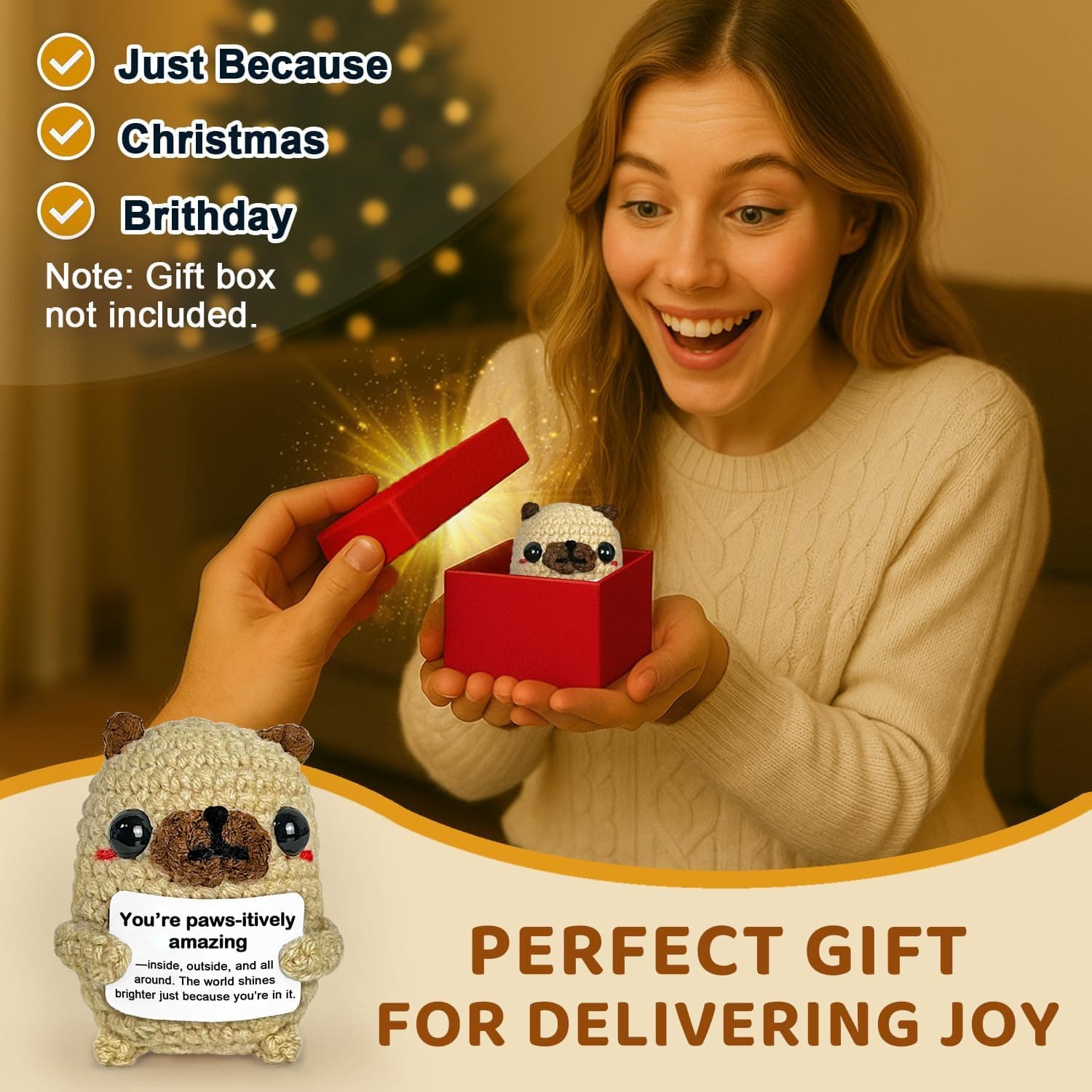 Pug Gifts for Pug Lovers, Cute Positive Animals Crochet Dog Decor, Encouragement Inspirational Appreciation Thank You Gift for Friends, Coworkers, Women, Men Amazing - Image 5