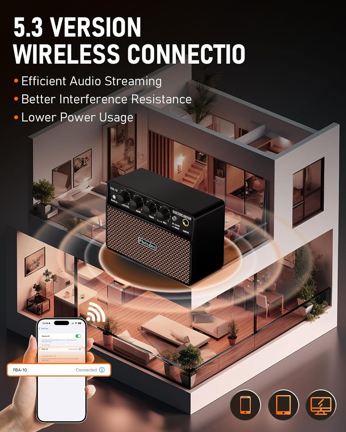 FBA-10 Guitar Amp, 10W Mini Electric Guitar Amplifier with Clean/Drive Channel, 6H Working, USB-C Rechargeable, 3.5mm Headphone/AUX Jack, Wireless Portable Amp for Indoor Practice, Traveling Black - Image 5