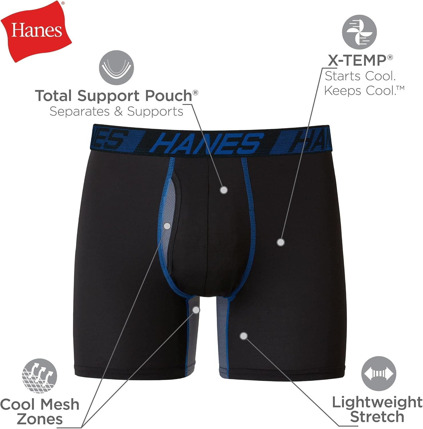 Hanes Men's Underwear Pack, 3-Pack, Total Support Pouch Boxer Briefs or Trunks, Moisture-Wicking Underwear for Men Regular- 6" Inseam X-Large Black - Image 6