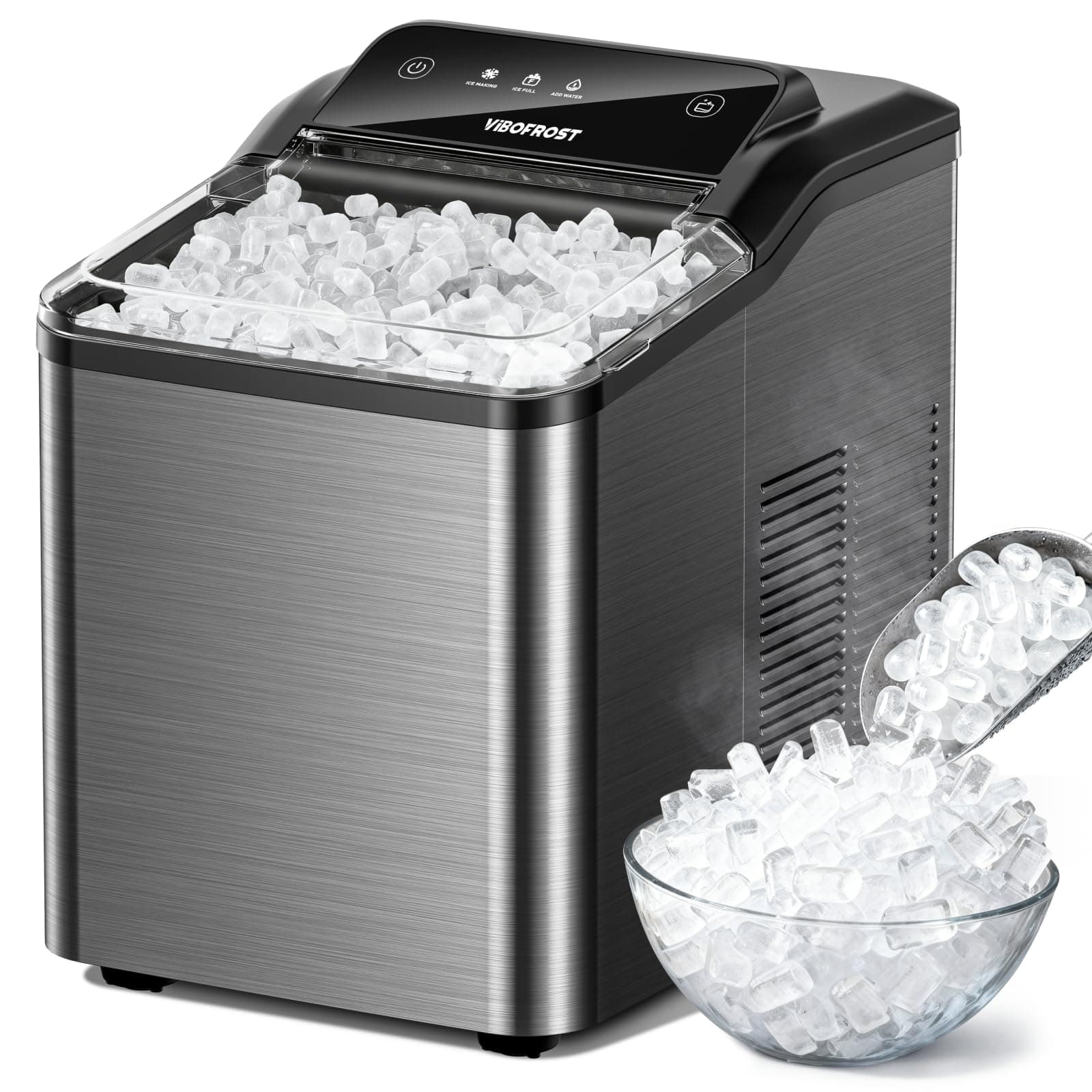Nugget Ice Maker Countertop, 35lbs/24H Sonic & Chewable Pellet Ice, Quiet Operation, Self-Cleaning Anti-Scale System, Portable Crushed Ice Machine, Premium Stainless Steel, Ice Scoop Black