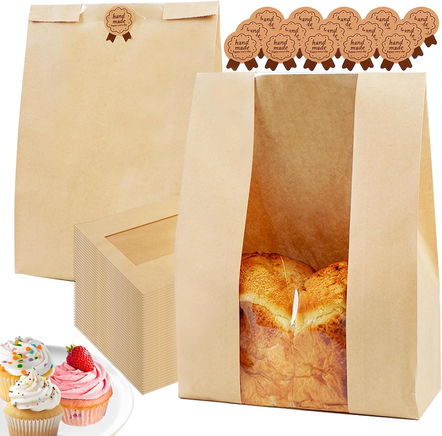 100 Pack Large 14x8.3x3.5in Bread Bags for Homemade Bread, Kraft Paper Bakery Bags with Clear Window & Tin Tie Lock, Thicker Cookie & Snack Storage Bags, Includes 100 Sealing Stickers - Image 2