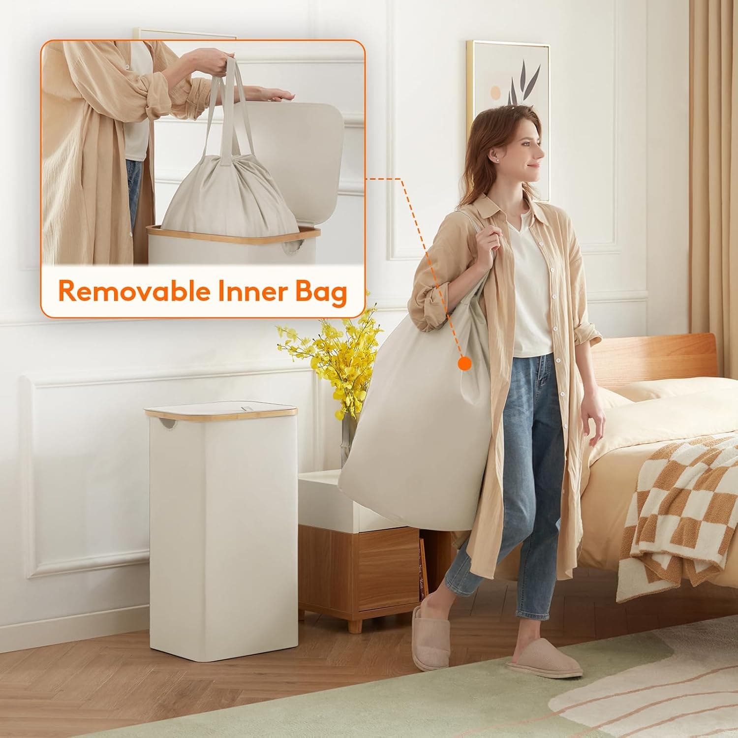 Amazon.com: Lifewit 100L Laundry Basket with Lid, Clothes Hampers for Laundry with Bamboo Handles and 1 Removable Bag, Large Foldable Laundry Hamper for Bedroom, Bathroom, Dorm, Laundry Room, White : Home & Kitchen - Image 5