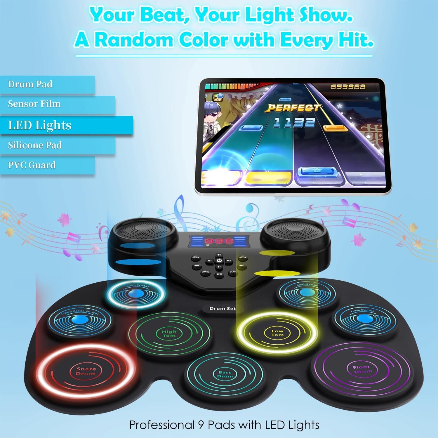 Electric Drum Set with 7-Color Dynamic LED Lights, 9-Pad Electronic Drum Set with Dual Speakers, Bluetooth MIDI, Portable Practice Drum Pad for Kids & Adult Beginners, Christmas Birthday Gift 7-Color LED Light - Image 2
