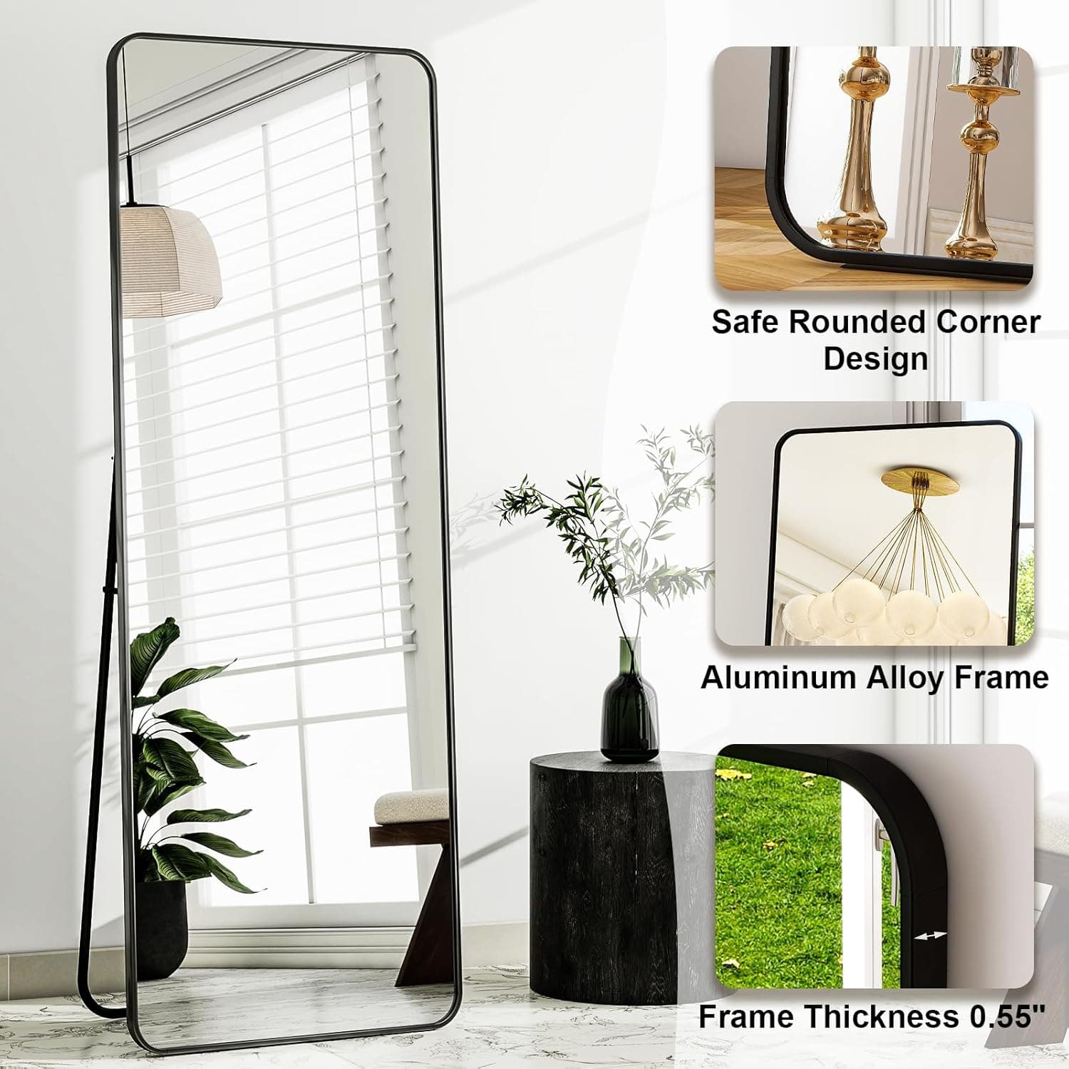 HARRITPURE 56"x21" Full Length Mirror, Black Rounded Corner Aluminum Frame Floor Standing Mirror Hanging/Leaning Wall for Living Room Bedroom Cloakroom Black 56"L x 21"W - Image 4