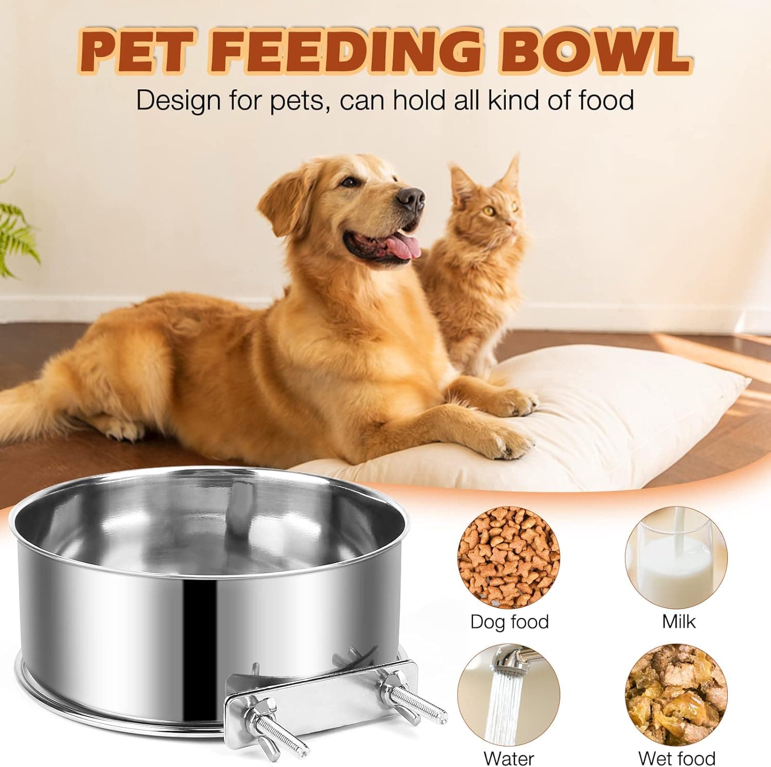 Dog Crate Water and Food Bowl, ShineMe Stainless Steel Dogs Bowls Hanging 2 Pack for Cage Crate Kennel, Spill Proof Dog Bowl for Medium and Small Sized Dogs Cats Pets (6.3 * 2.6” & 5.5 * 2.4”) Silver (40oz+26oz) - Image 5