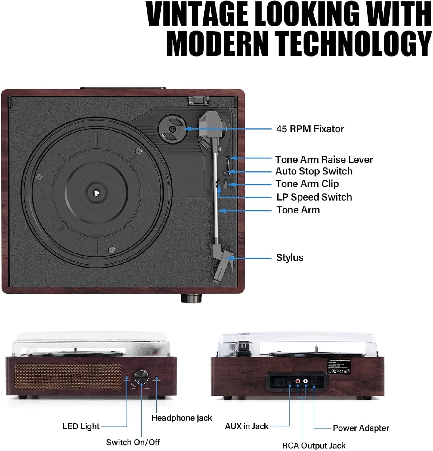 Reproductor de Vinilo con Bluetooth Integrado y 2 Altavoces Estéreo, Reproductor Retro Portátil de 3 Velocidades y 3 Tamaños para Entretenimiento y Decoración del Hogar Marrón - Image 2