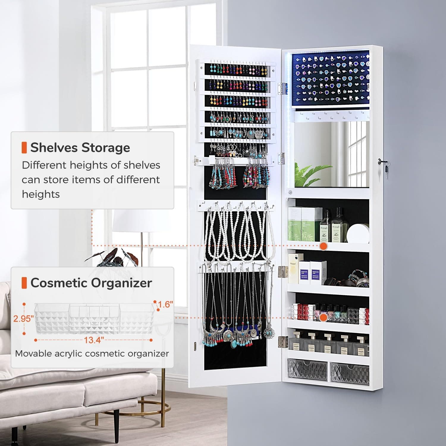 GISSAR Mirror Jewelry Cabinet, LED Lights Wall Mount Door Hanging Full Length Jewelry Organizer Armoire with Built-in Makeup Mirror and Jewelry Storage, Large Capacity Lockable Jewelry Armoire, White - Image 4