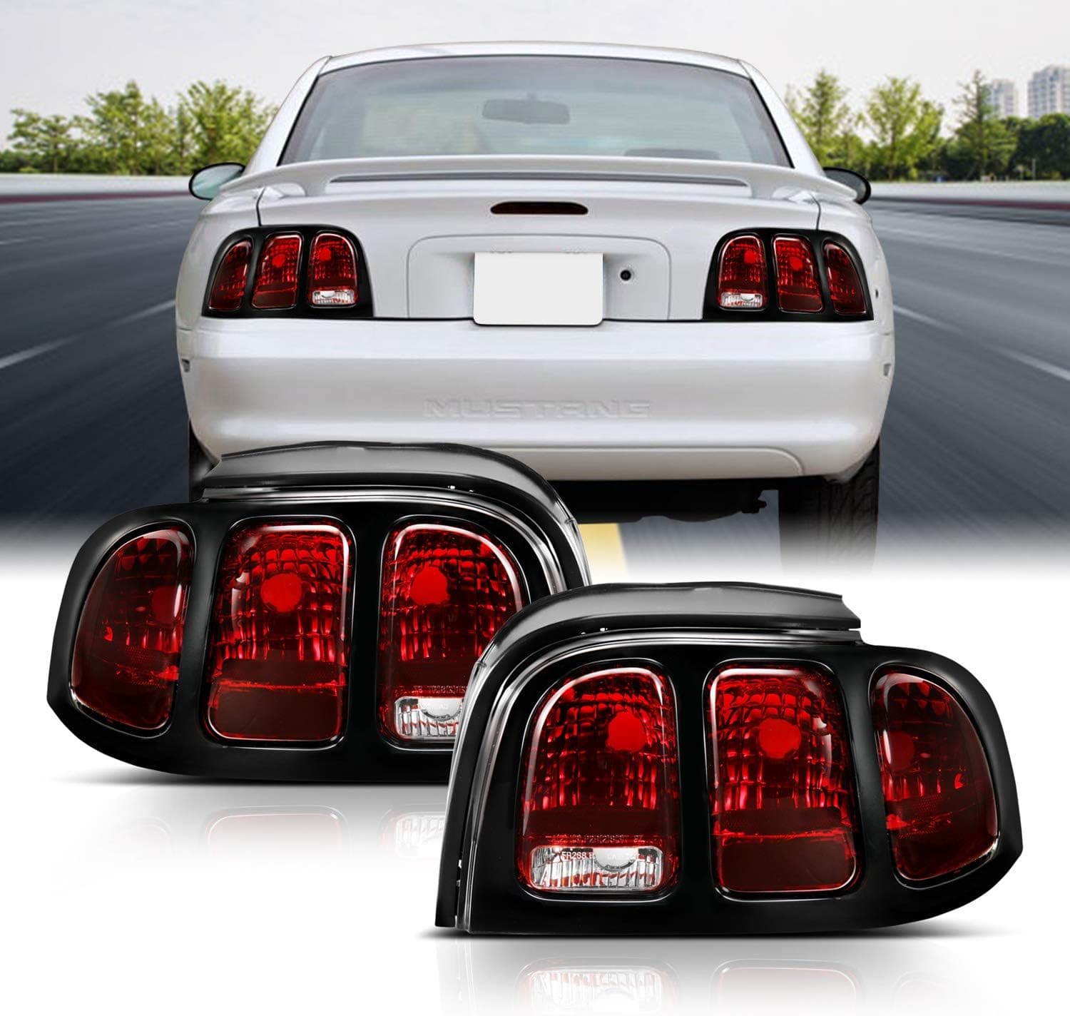 AmeriLite for 1994-1998 Ford Mustang Black Housing Dark Red OE Style Replacement Brake Tail Lights Set - Passenger and Driver Side Smoke+Black - Image 2