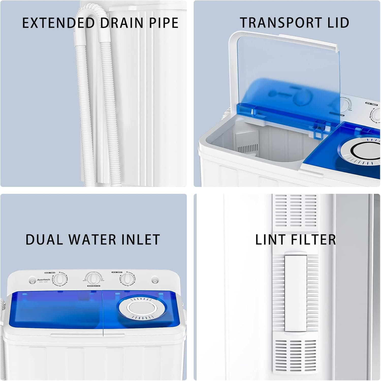 Auertech Portable Washing Machine, 28lbs Twin Tub Washer Mini Compact Laundry Machine with Drain Pump, Semi-automatic 18lbs Washer 10lbs Spinner Combo for Dorms, Apartments, RVs 28lbs capacity - Image 6