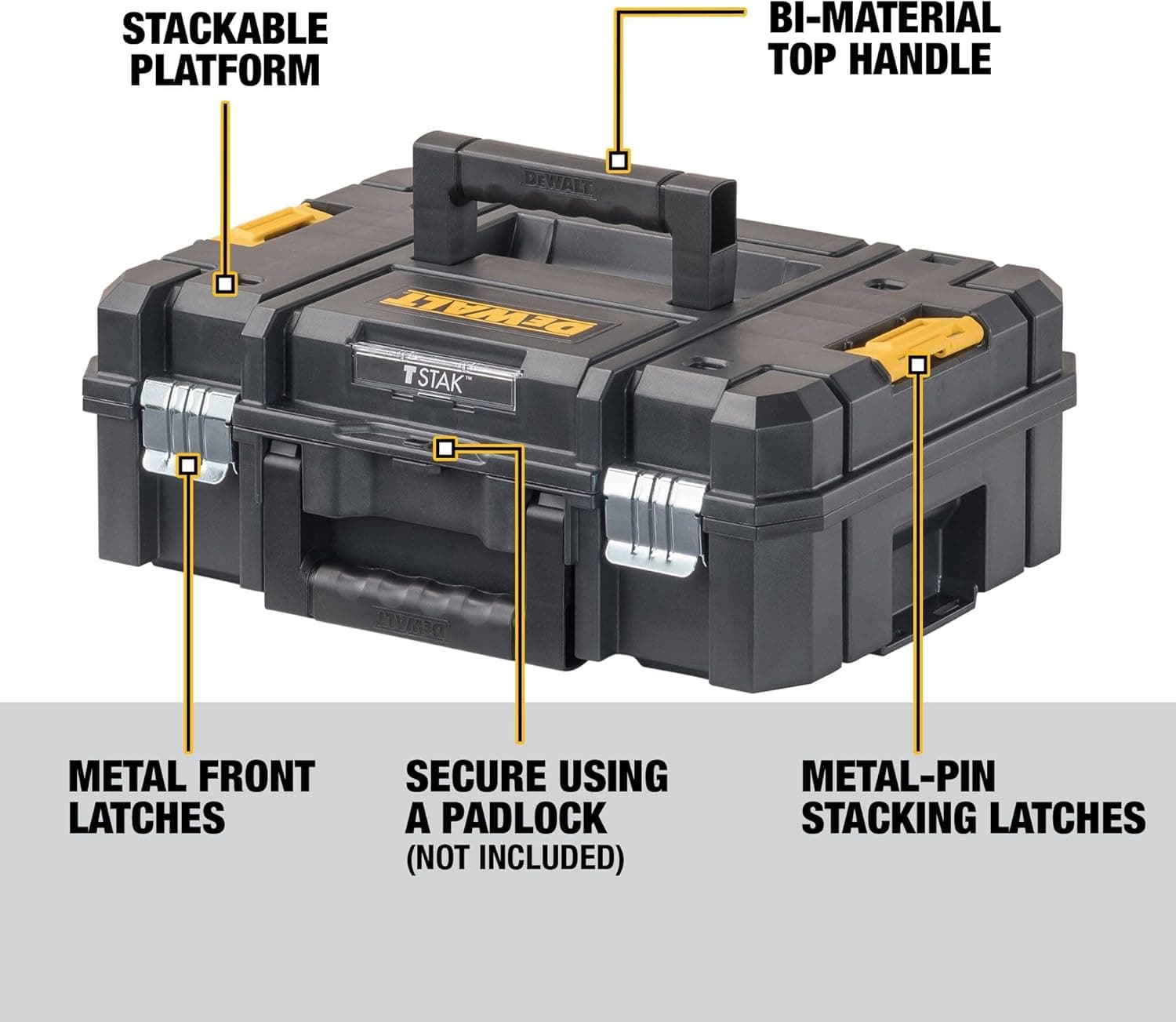 DEWALT TSTAK II Tool Box, Flat Top Tool Storage Case, Organizer Box Holds Up To 66 lbs, Flexible Platforms for Stacking, 13 Inch (DWST17807) 1 Count (Pack of 1) Flat Top Toolbox - Image 10