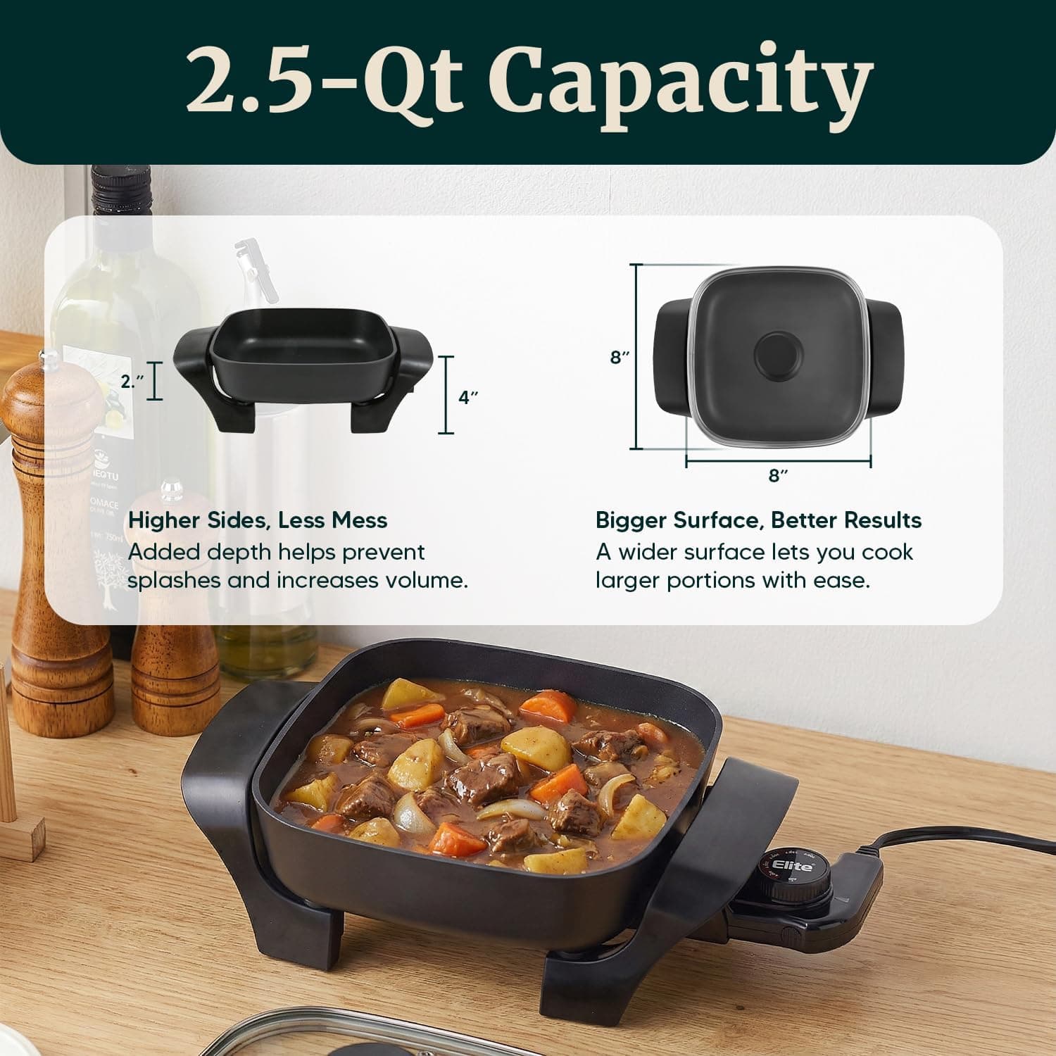 Elite Gourmet EG808 8” x 8" Non-stick Electric Skillet, Dishwasher Safe with Tempered Glass Vented Lid, Rapid Heat Up, 600W, Black 8" x 8" (2.5 Qt) - Image 6