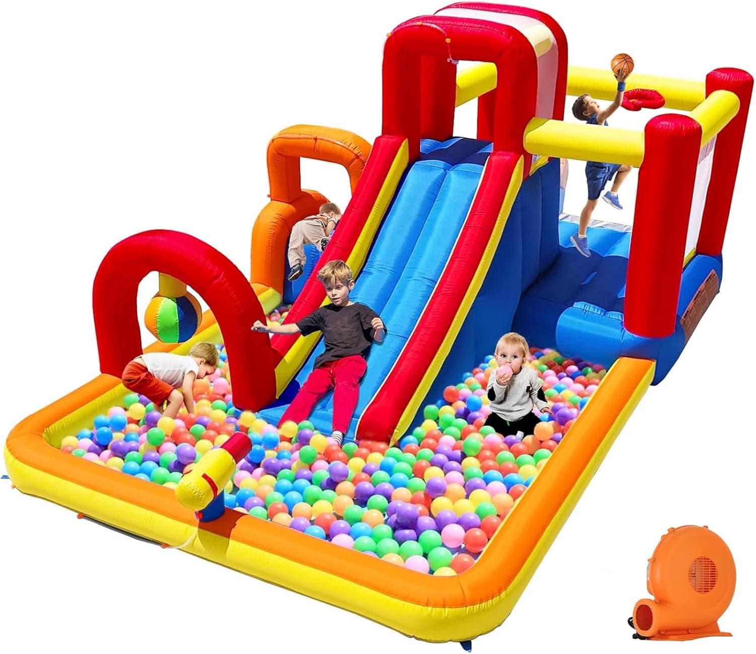 充气蹦床障碍赛道，带湿滑或干滑滑梯、球池、攀爬墙、拳击球、小型攀爬&滑梯 - 适合3-8岁儿童的后院和室内蹦床城堡 - Image 2